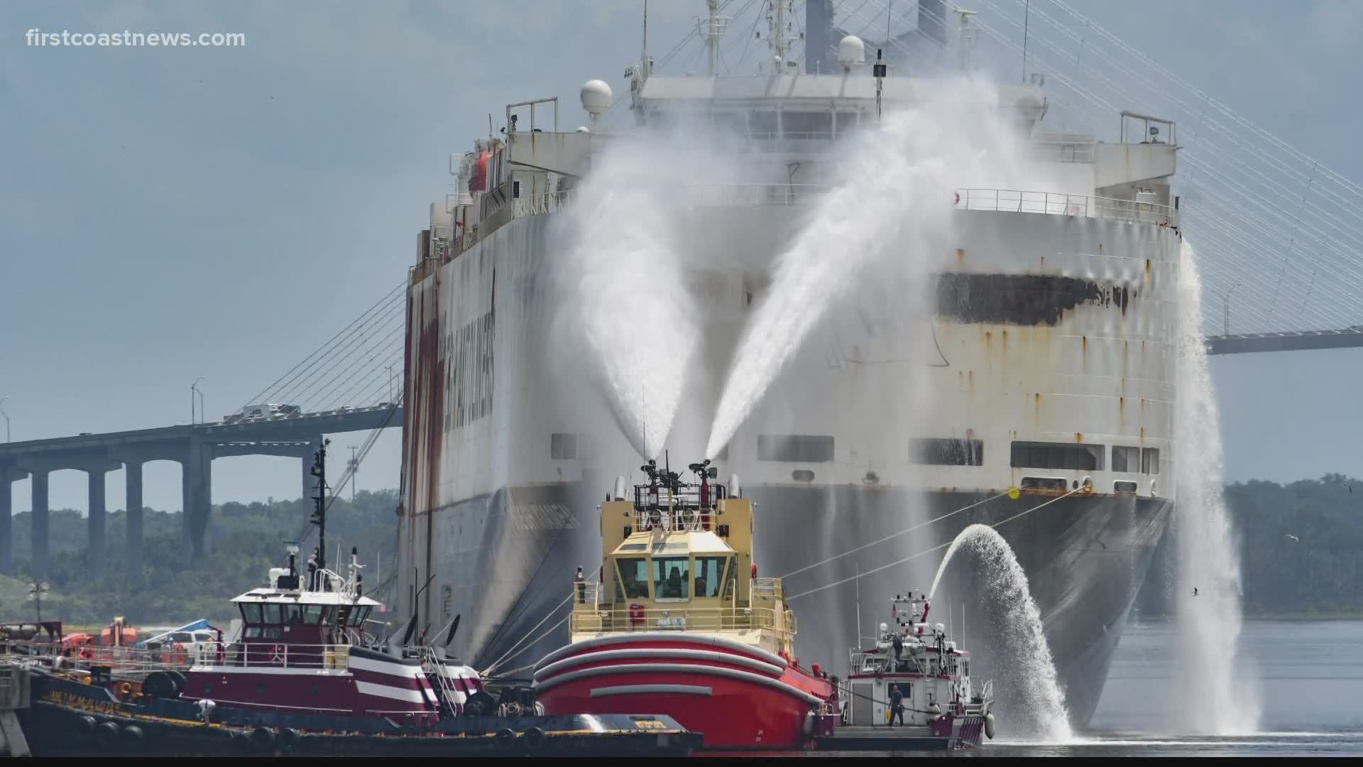 The fire is contained to the top two decks of the ship after the vessel caught fire last Thursday.