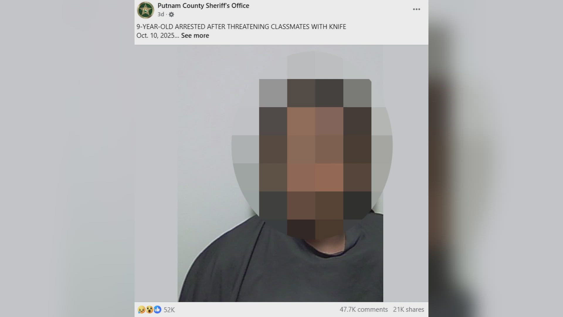 The Putnam County Sheriff's Office sparks outrage by posting a 9-year-old's mugshot after he was accused of threatening classmates with a knife