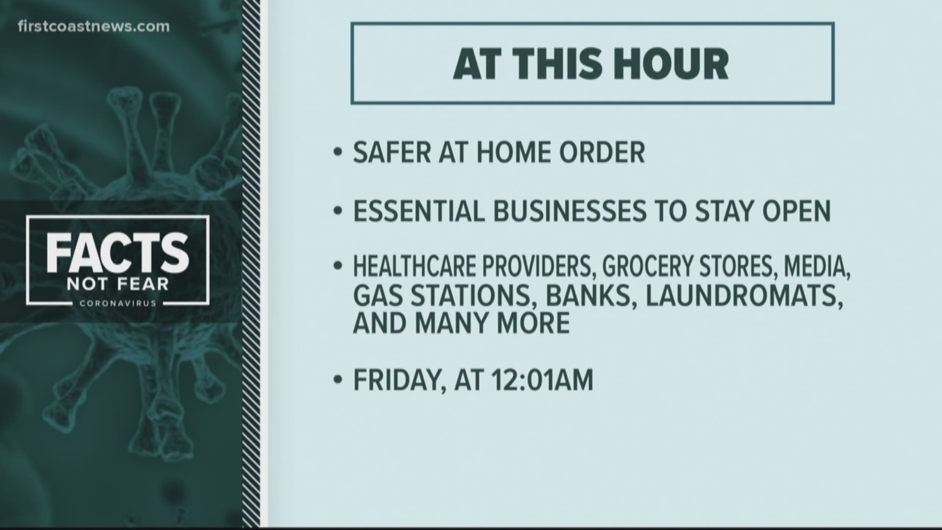 Jacksonville Mayor Curry issues 'Safer at Home' order and orders all non-essential businesses to close on Friday.
