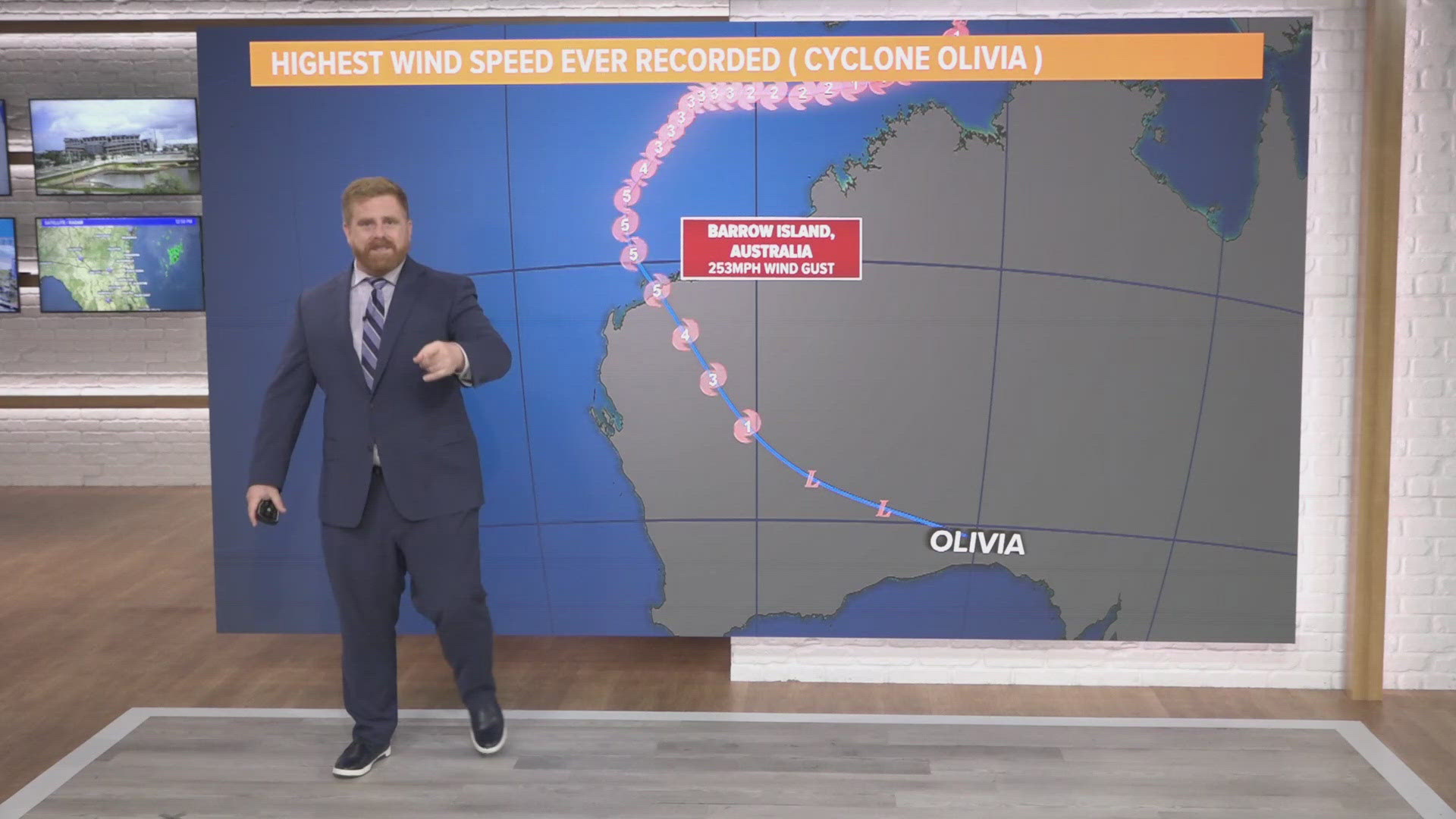The wind was recorded during Cyclone Olivia in Australia in 1996. 