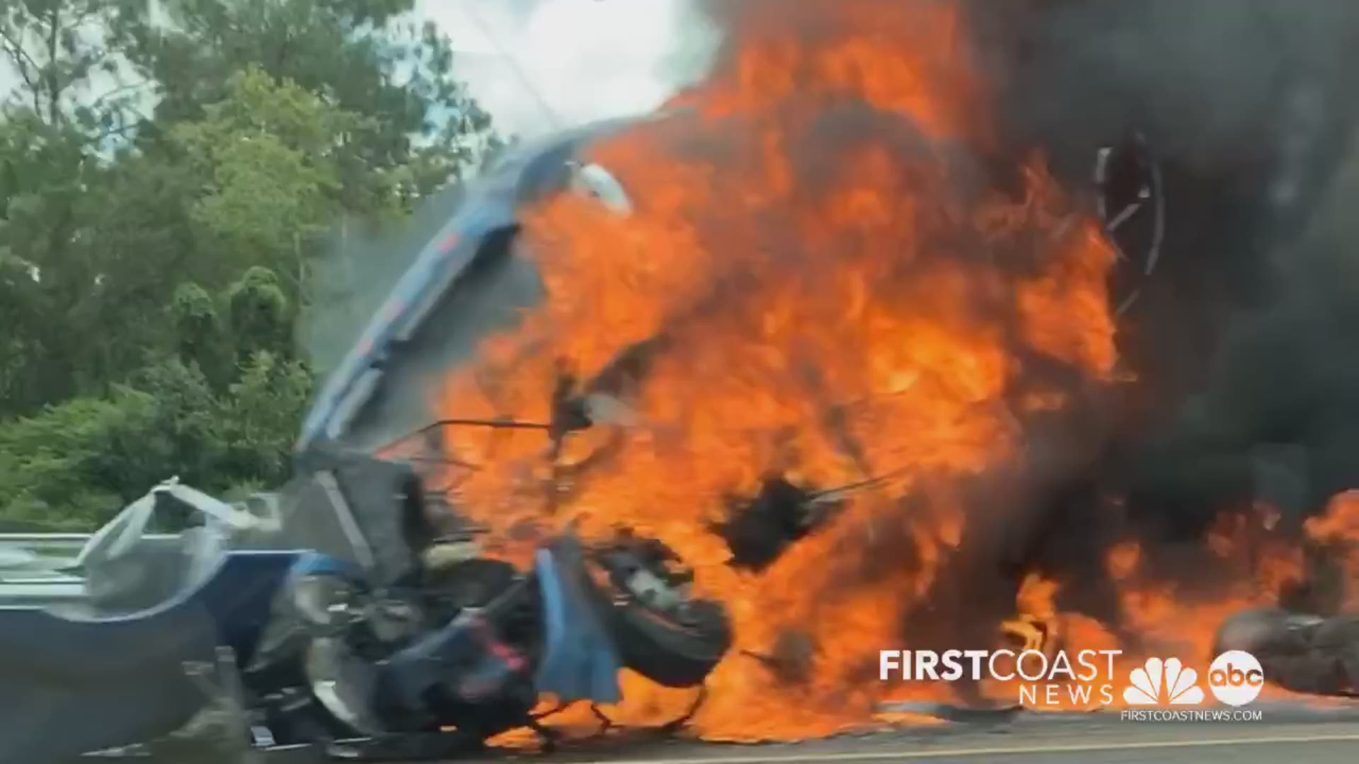 Traffic was blocked on Interstate-295 North at Roosevelt Boulevard due to a fiery crash involving an overturned semi-truck Monday after noon