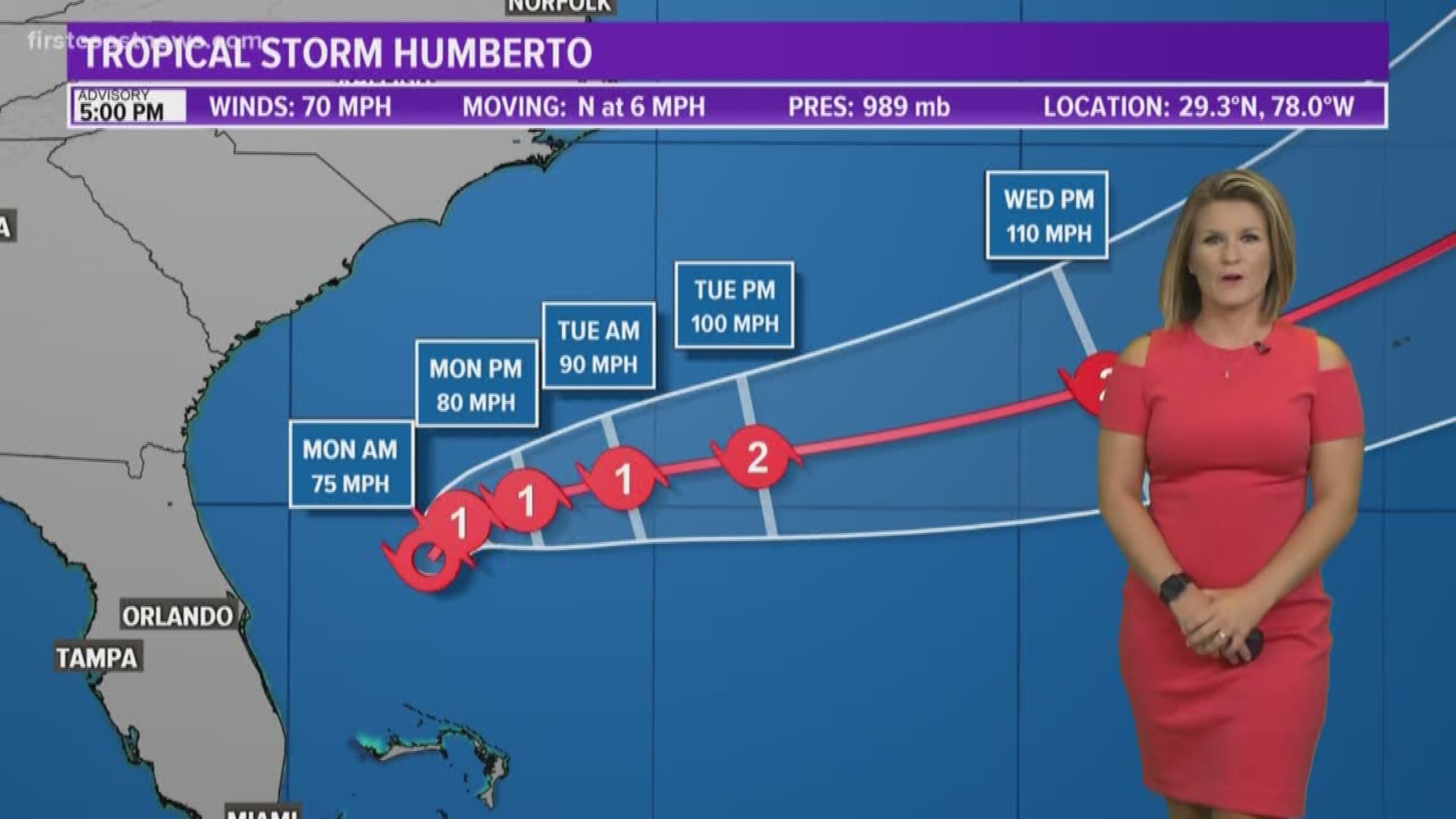 5 P.M. ADVISORY -- Humberto continues to strengthen and is close to becoming a hurricane. Interests in Bermuda should monitor this storm's progress.