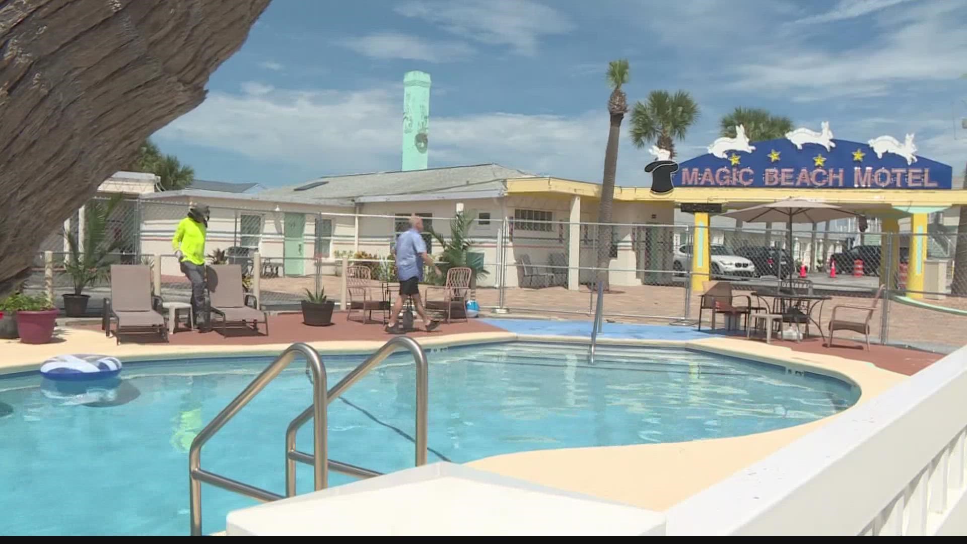 Tuesday crews tended to giant lights and set artists helped clearing up the swimming pool at Magic Beach Motel where most of the shoot in Vilano will take place.