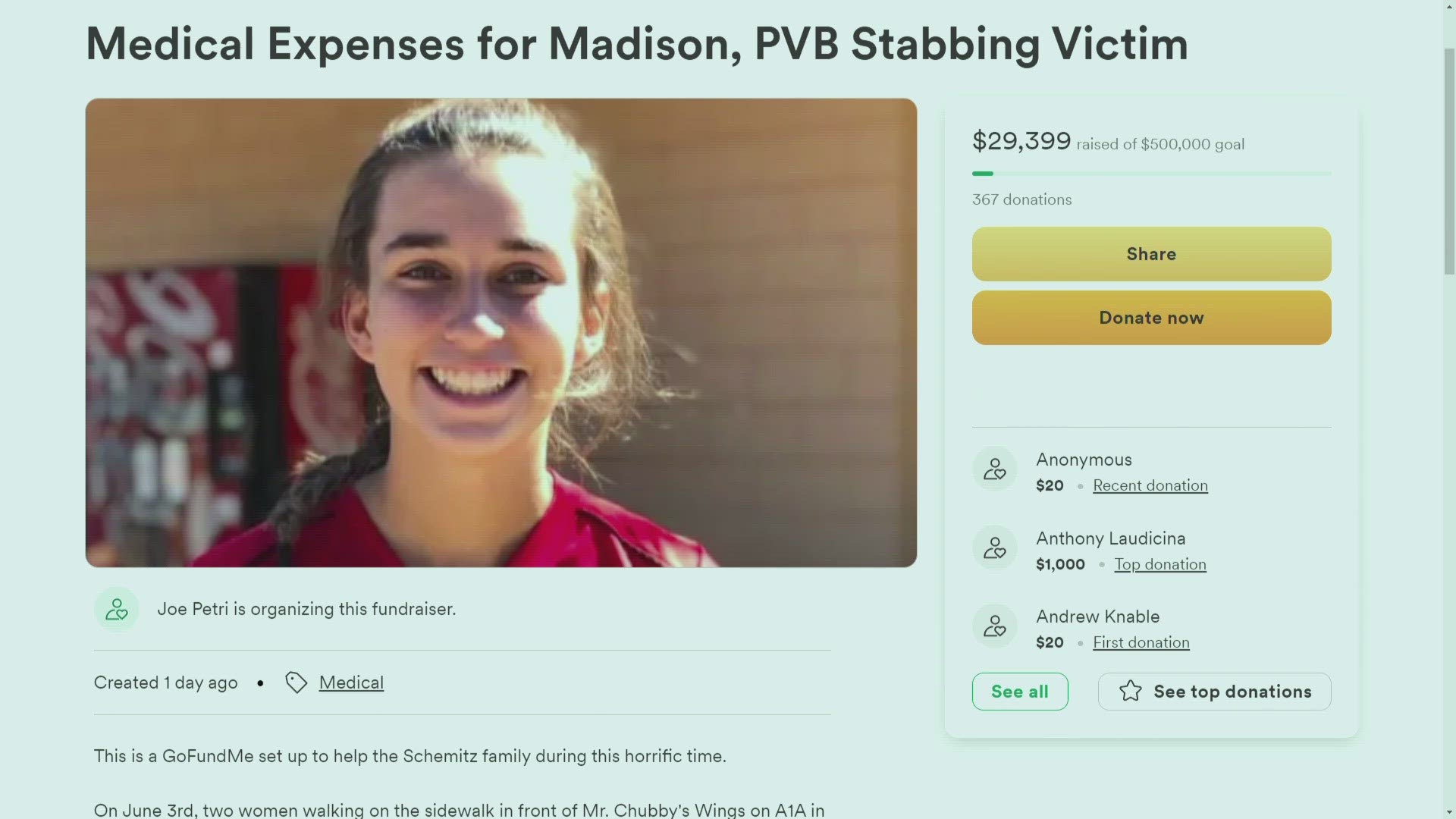 Star athlete Madison Schemitz is currently paralyzed, her family says, after her spinal cord was injured in Saturday's stabbing.