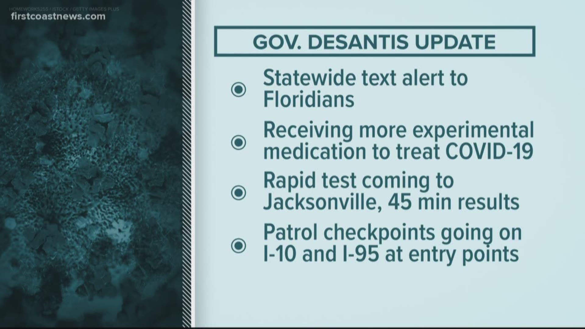 Gov. Ron DeSantis says Jacksonville and South Florida will share in 2,000 of the first rapid coronavirus diagnostic test with a detection time of 45 minutes.