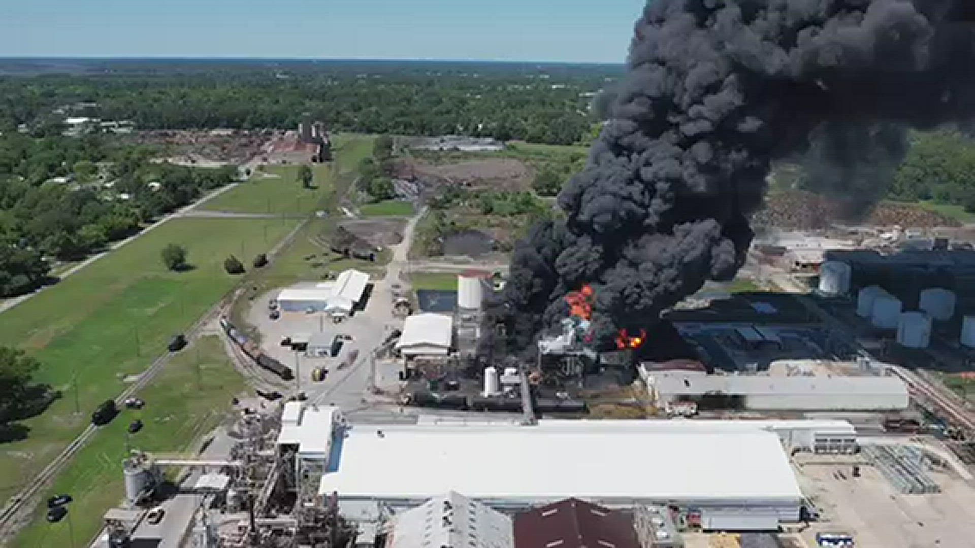 A birds-eye view of the Pinova Plant after it re-ignited Saturday afternoon. CREDIT: Andy Jones