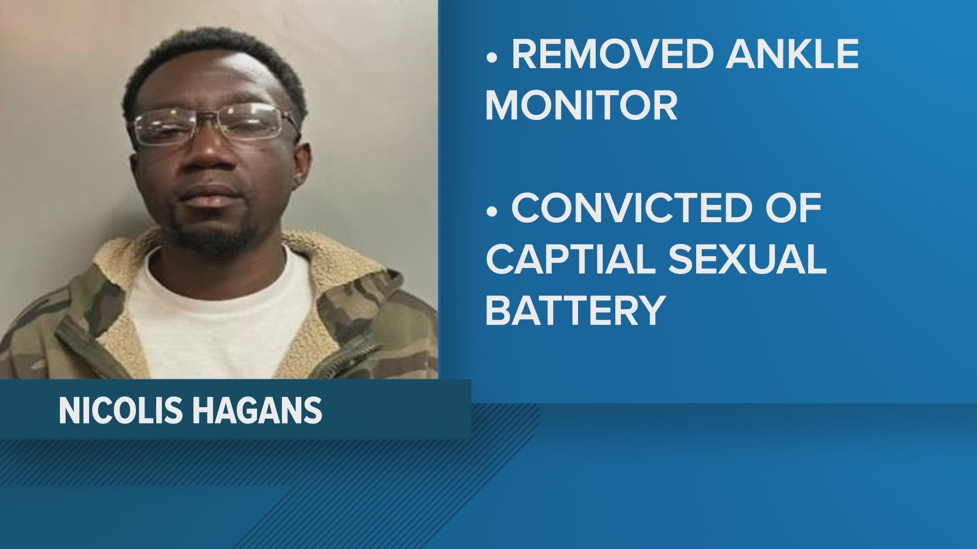 Nicolas Hagans, pictured here, removed his ankle monitor and left his registered address. If you have any information, or you see him, call 1-866-845-TIPS.