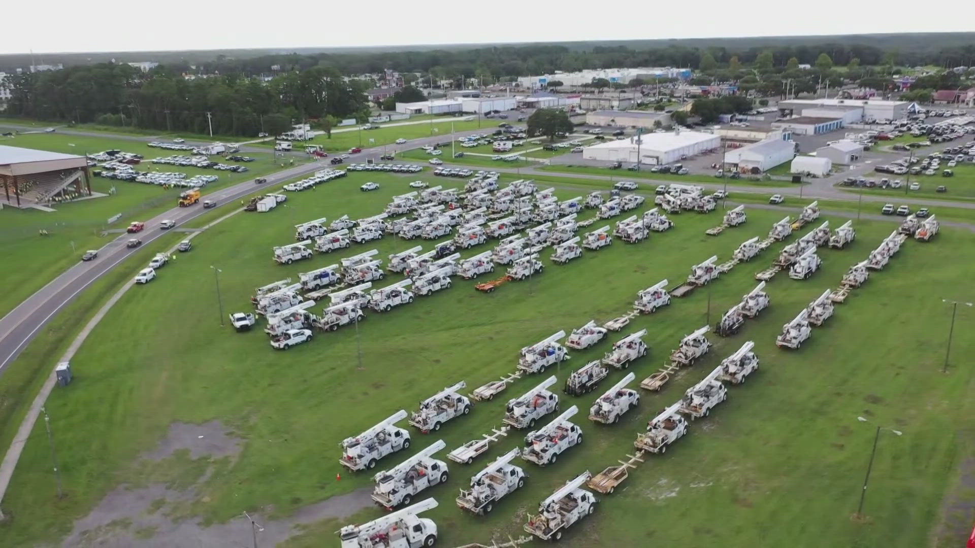 The Florida Gateway Fairgrounds serve as a command center for out-of-state linemen brought in during storms.