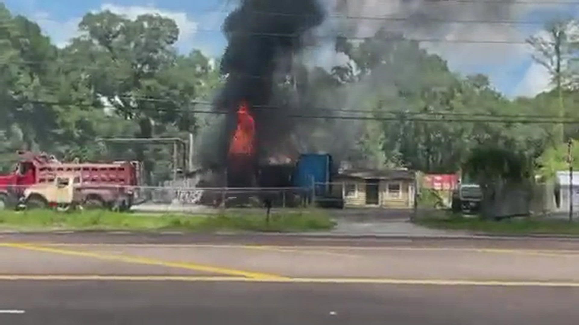 This auto parts shop in Jacksonville and a truck parked outside were engulfed in flames Saturday. No one was hurt and the fire was put out.
Credit: Josh
