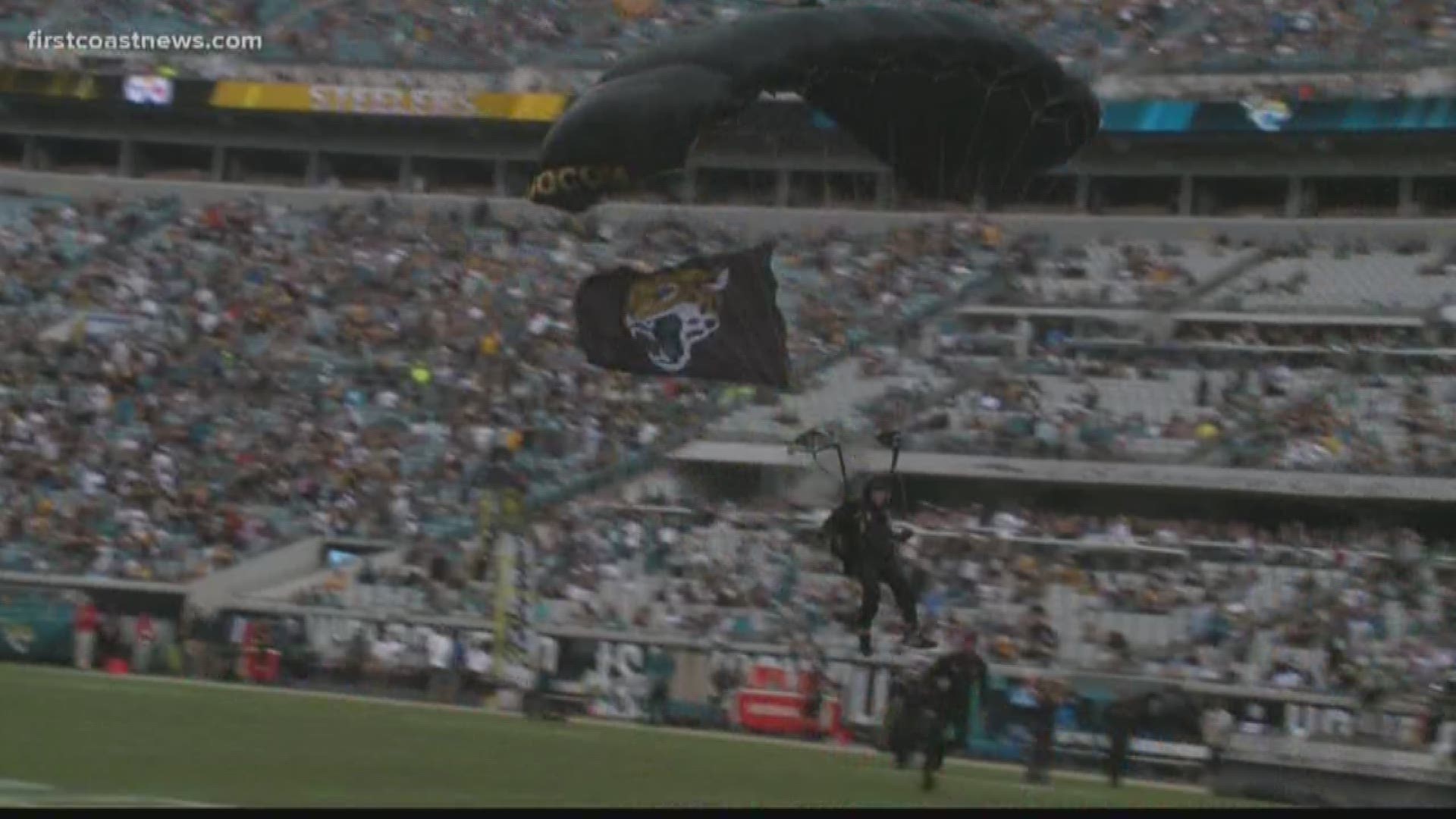 The Special Operations Command Paracommandos parachuted into TIAA Bank Field on Sunday. Dozens of Special Operators, including reserve forces and Department of Defense civilians, make up the team which performs in events around the country.