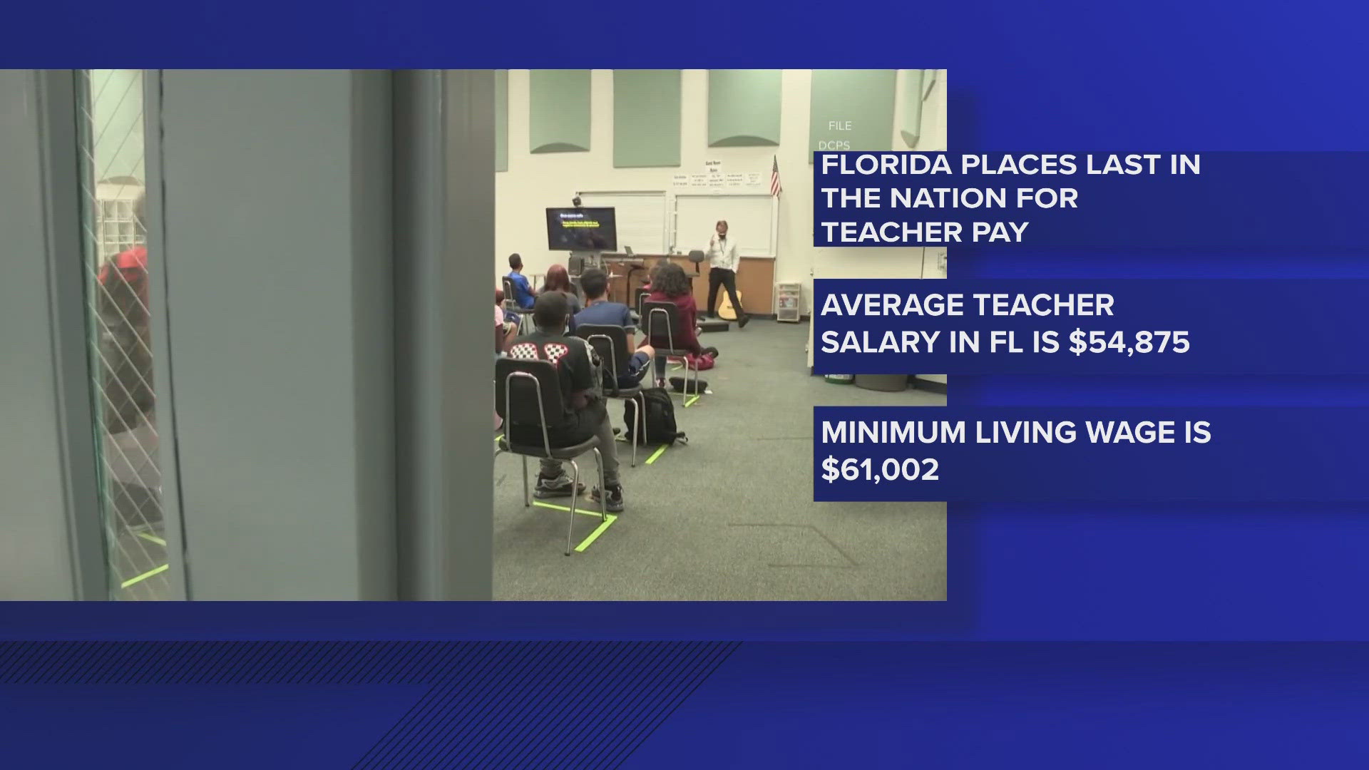 The average teacher salary in Florida is $54,875. The minimum living wage for one adult with one child is $61,002. 