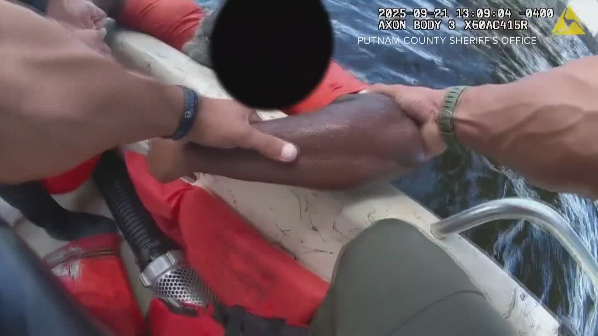 A Putnam County Sheriff's Office sergeant pulled the man onto a boat and found he had no serious physical injuries.