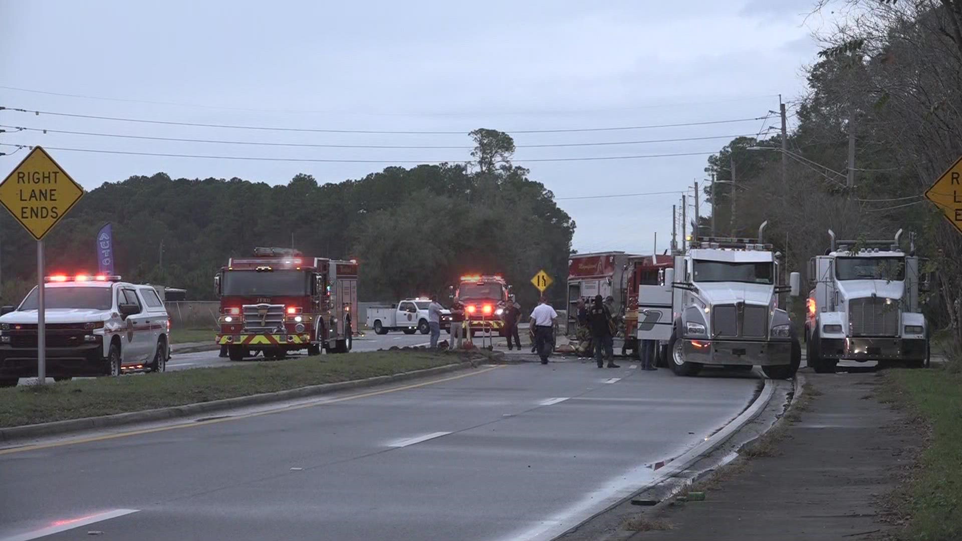 Three firefighters with the Jacksonville Fire and Rescue Department were taken to the hospital after a truck overturned due to weather-related conditions Sunday.