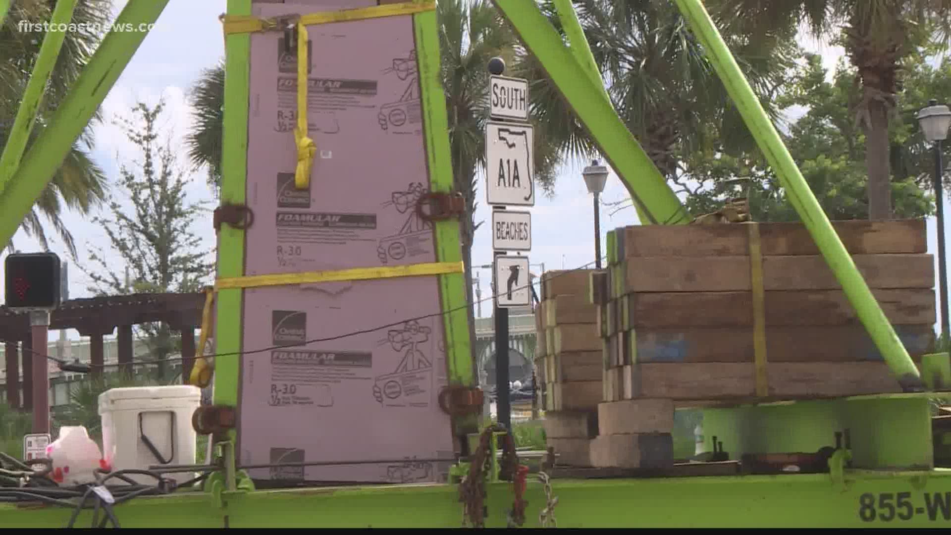 The memorial in St. Augustine was moved to the bayfront Wednesday, ready for a barge on Thursday.