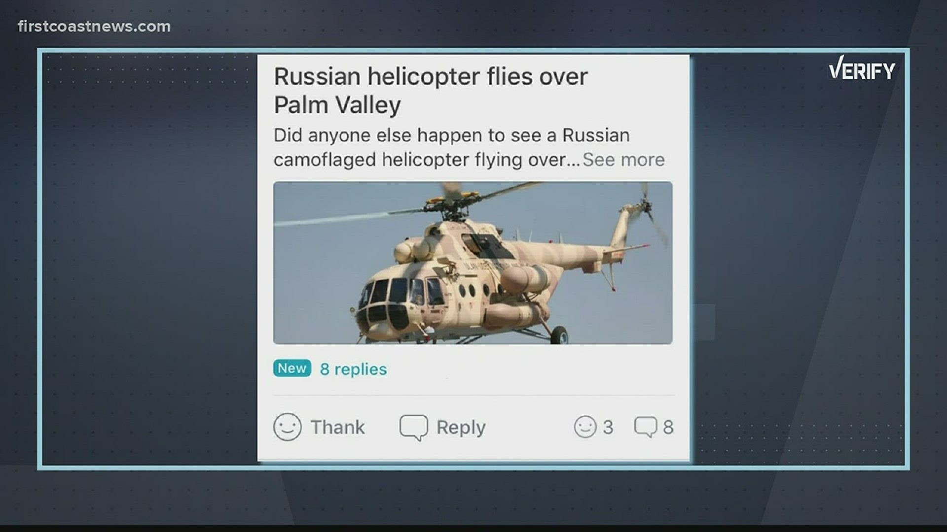 A viewer reached out to First Coast News asking us to verify whether a Russian helicopter was really flying low over a St. John's County neighborhood Monday afternoon. It all stemmed from a Nextdoor Post.