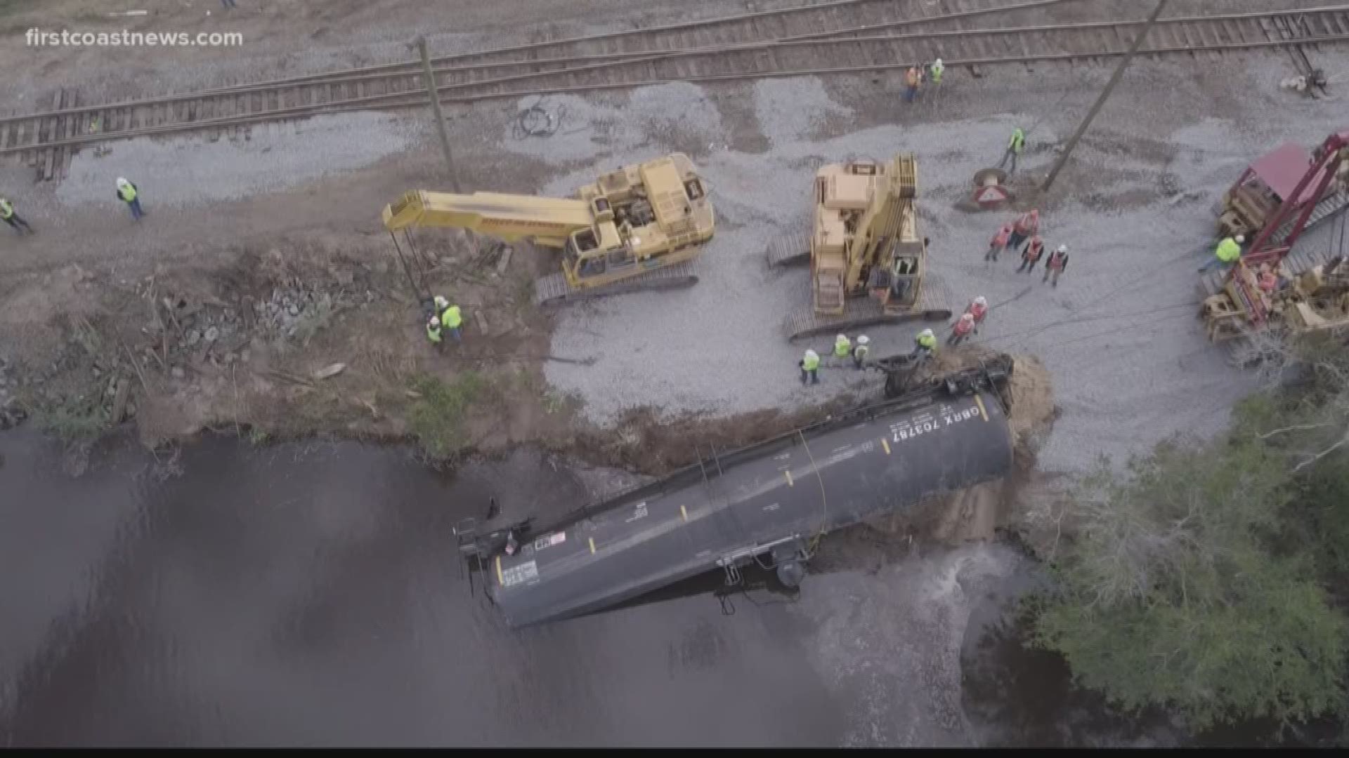 CSX employees have removed one tanker holding approximately 30,000 gallons of ethanol out of Cabin Creek following Sunday's derailment. One  tank remains in the water.