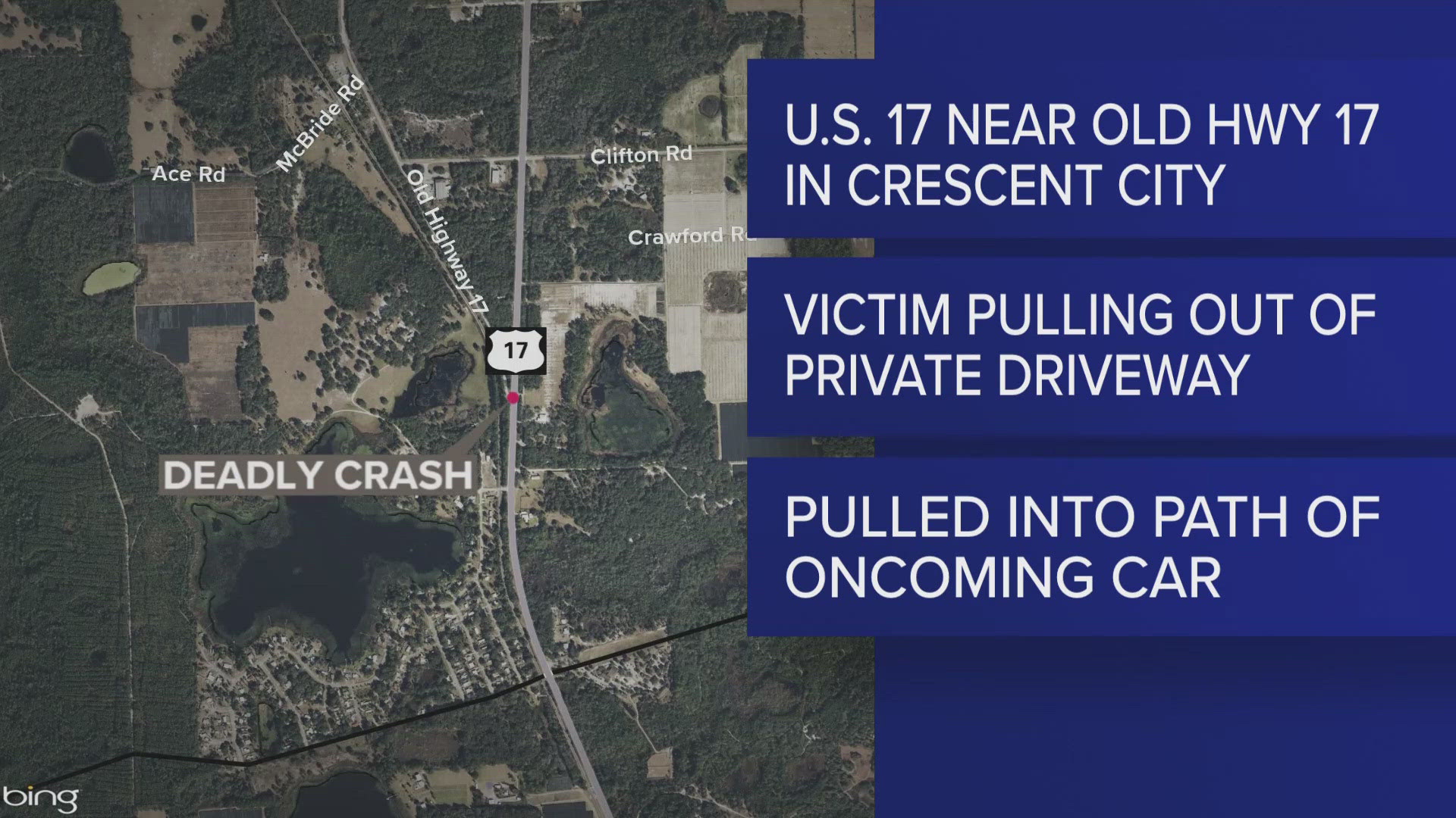 FHP says the golf cart driver was attempting to cross U.S. 17 in Crescent City when he pulled out in front of a car and was hit. He was pronounced dead at the scene.