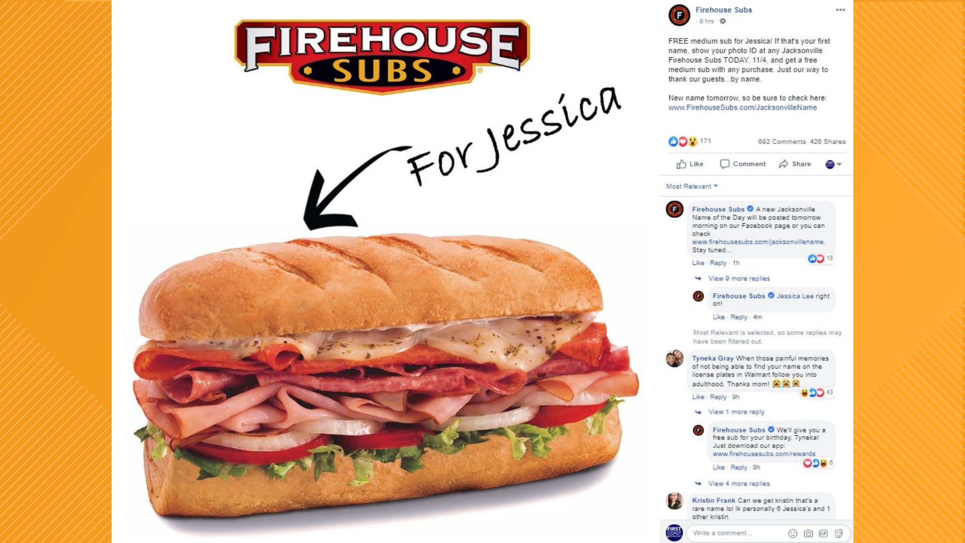 Score a FREE Firehouse Sub if your name is the "Name of the Day