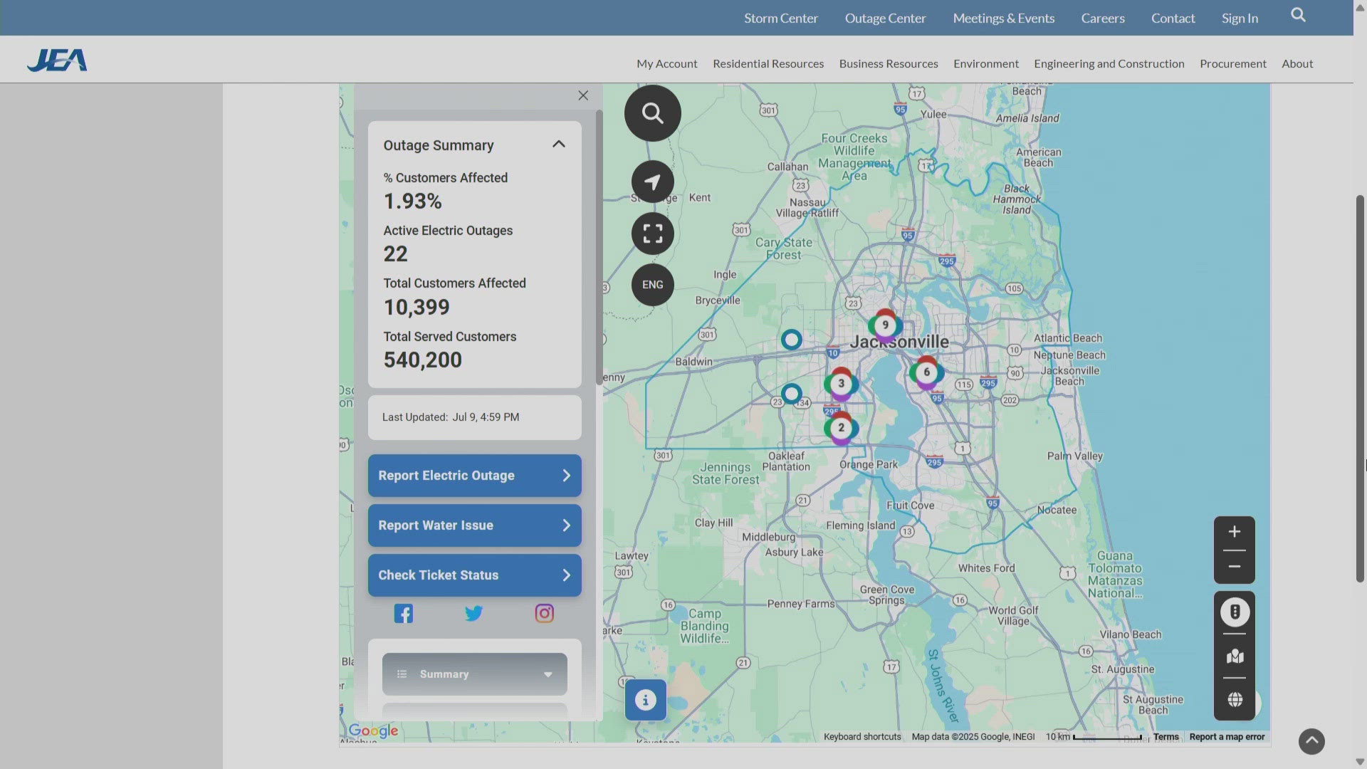 JEA said the outages were due to the weather, mostly lightning strikes.