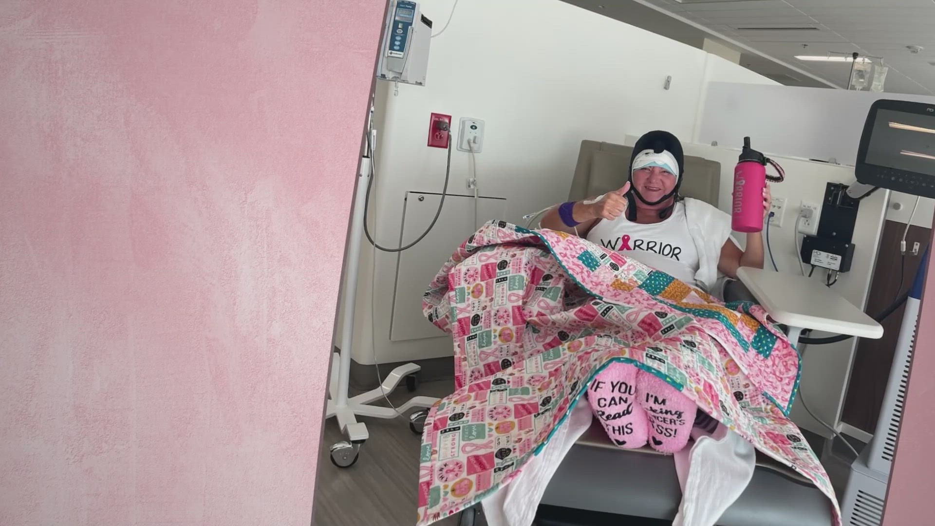 Cathy Baughman's chemo therapy includes something extra on her head, called cold cap therapy. She wears it five hours each time while receiving chemo.