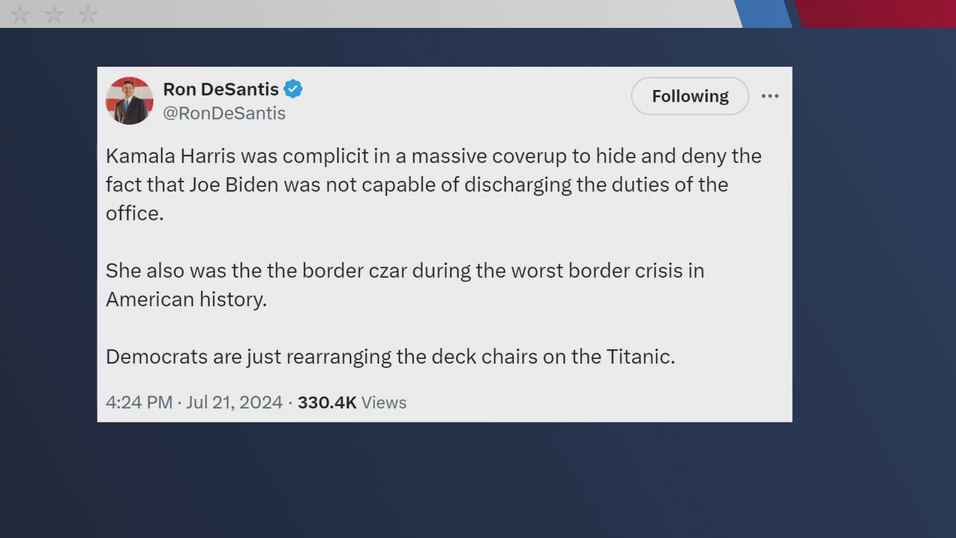 DeSantis suspended his presential campaign in January, after making a bid to be Biden's opponent.