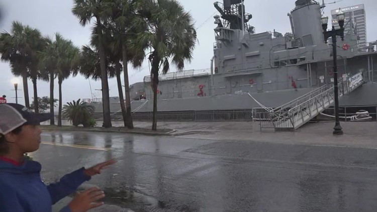 Wind whipping in Downtown Jacksonville as Tropical Storm Nicole continues