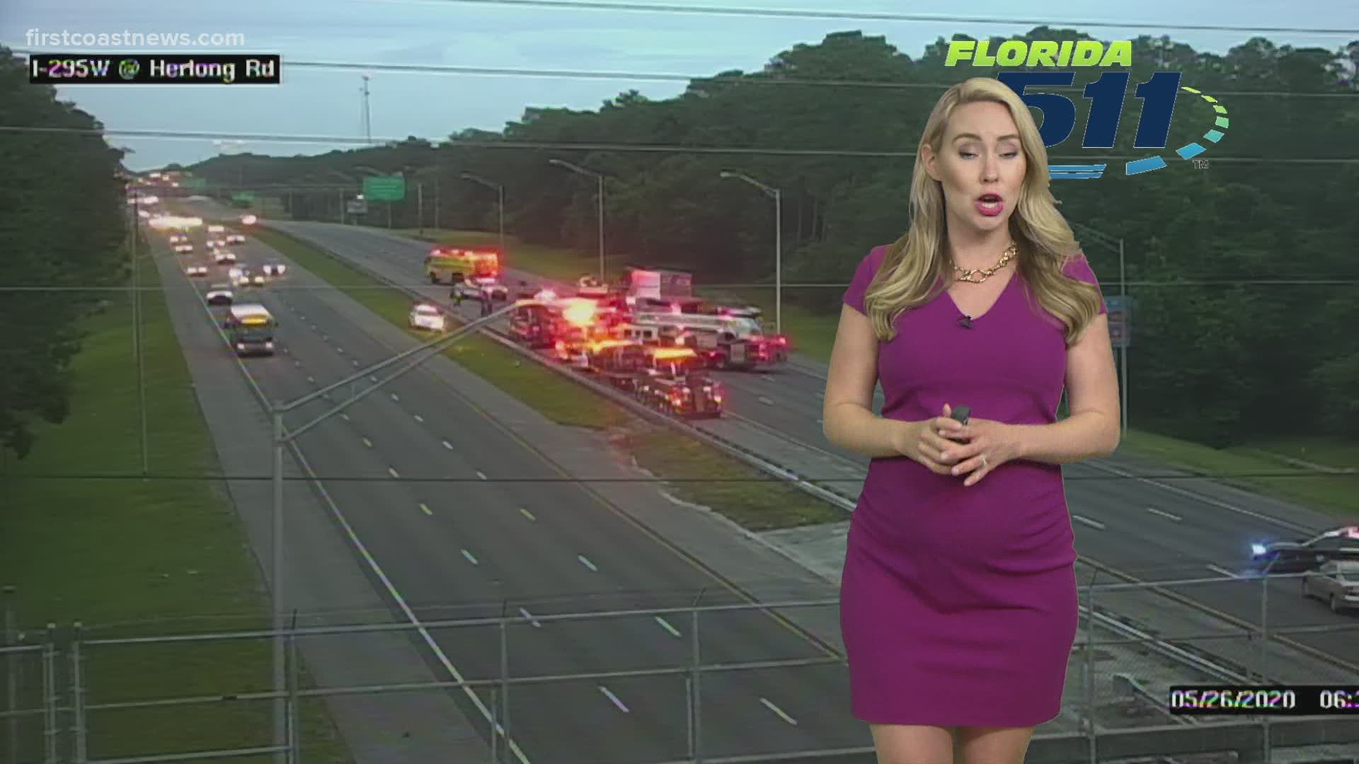 Northbound lanes of I-295 were blocked Tuesday morning due to a vehicle fire.