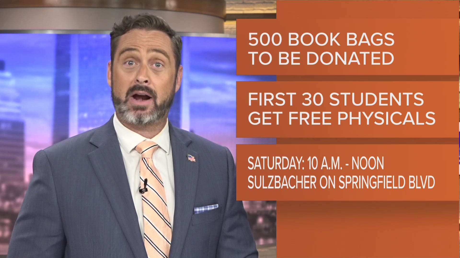 Five hundred bookbags will be donated and the first 30 students who arrive will receive a free physical. The event will be held Saturday at the Sulzbacher Village.