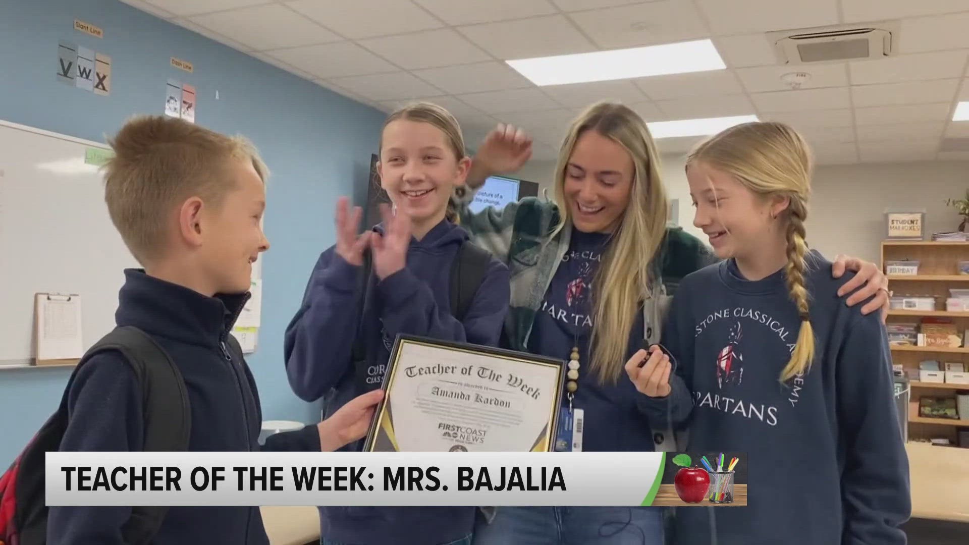 Mrs. Bajalia is described as "nice," "kind," and "a great second grade teacher" by students at Cornerstone Classical Academy in Jacksonville.