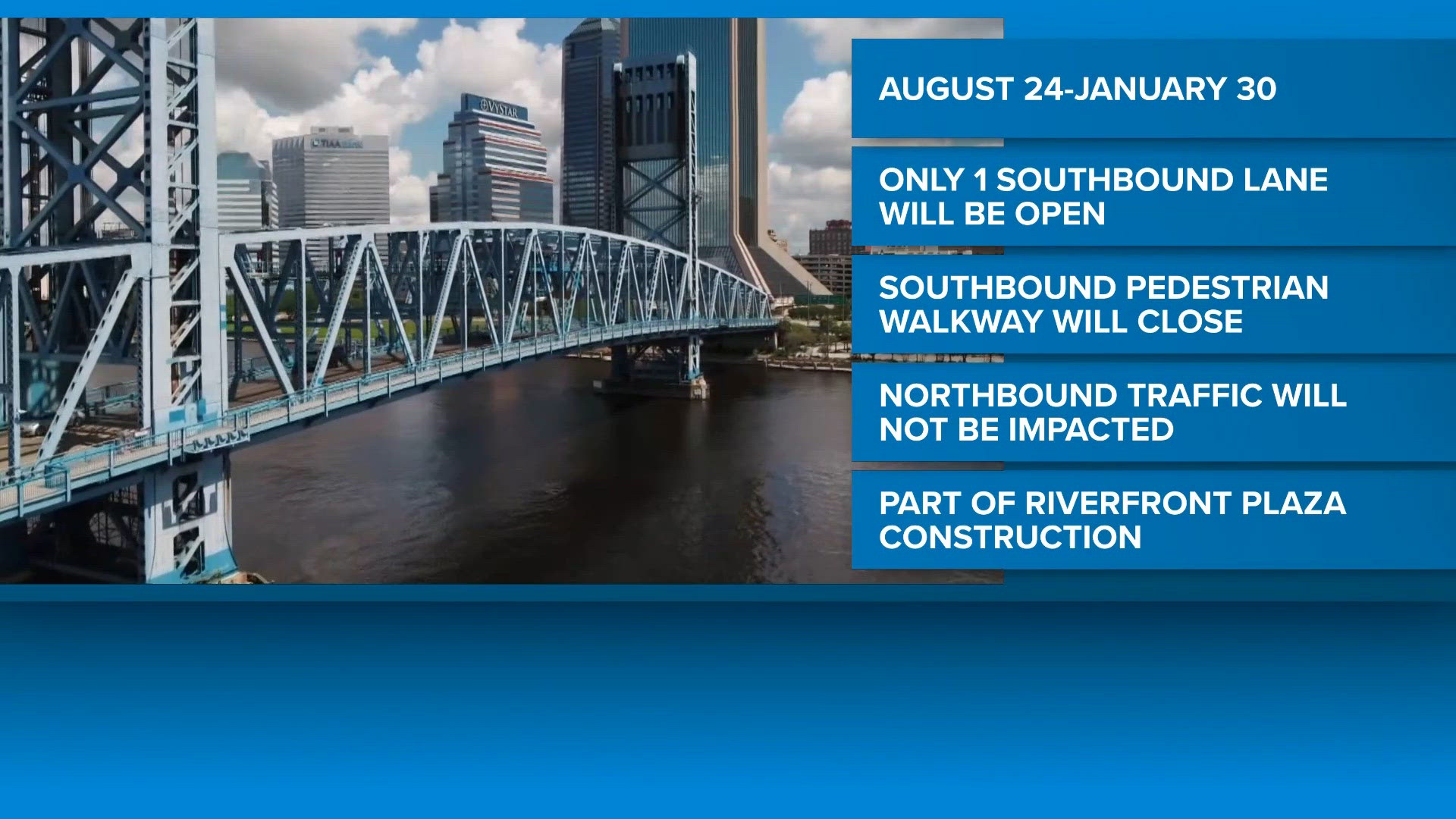 Southbound lane on Main Street Bridge to close for months due to Riverfront Plaza construction