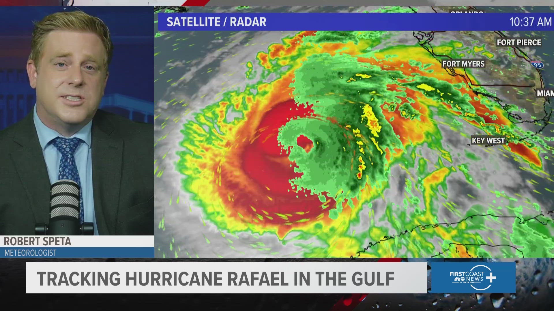 Rafael has downgraded to a Category 2 hurricane Thursday with sustained winds of 105 mph as it moves to the NW at 12 mph.