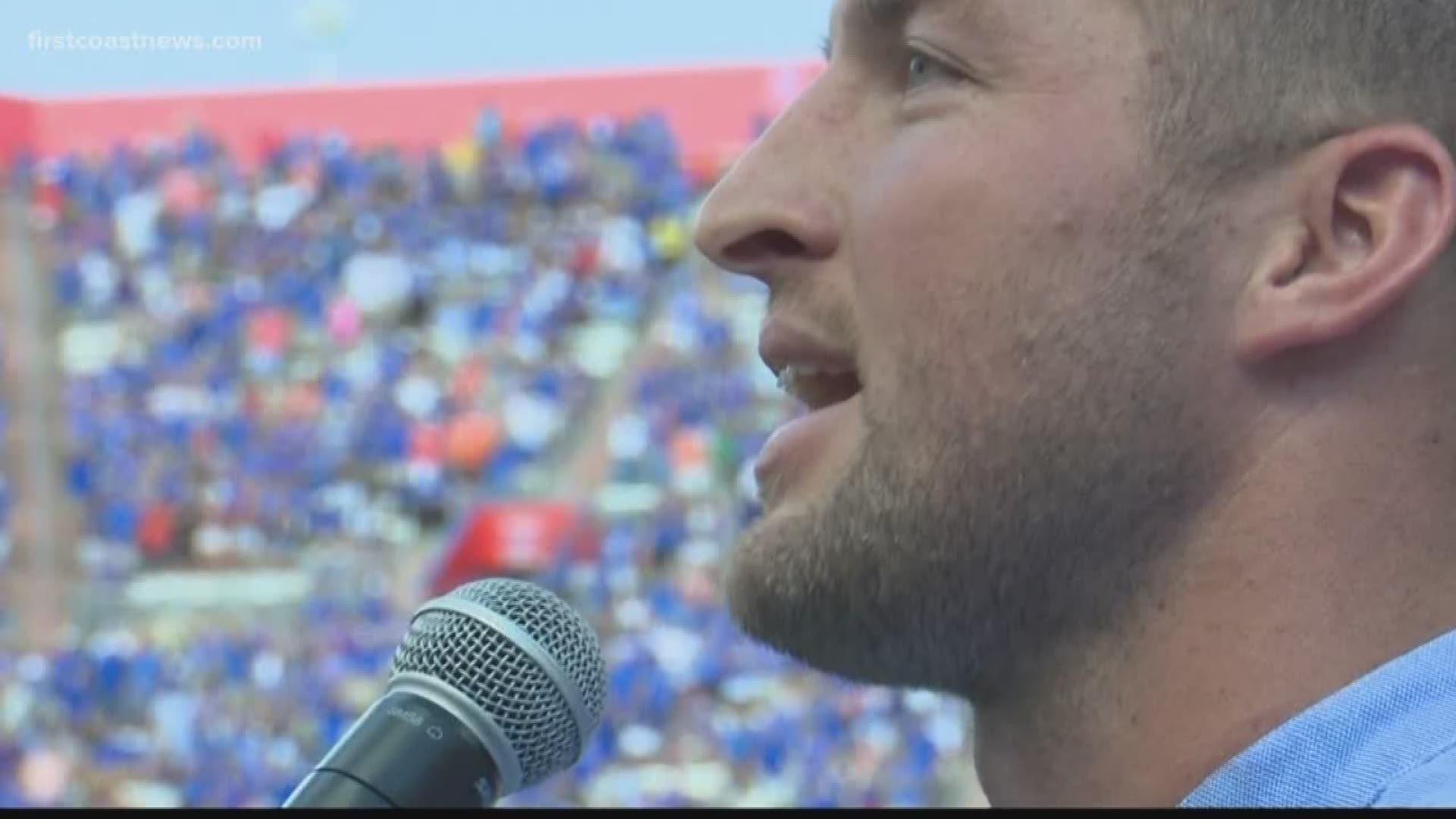 Tim Tebow of the University of Florida Gators gives a shout after