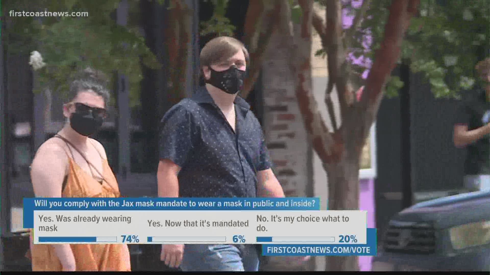 The requirement for wearing masks in public places indoors or where social distancing can't be practiced went into effect at 5 p.m. Monday.