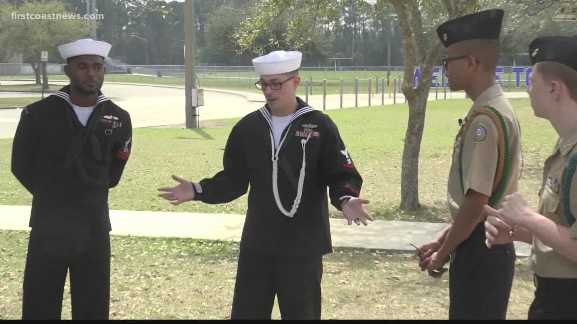 Students in the JROTC program at First Coast High School get a lesson on being a Boatswain from sailors stationed at Mayport.