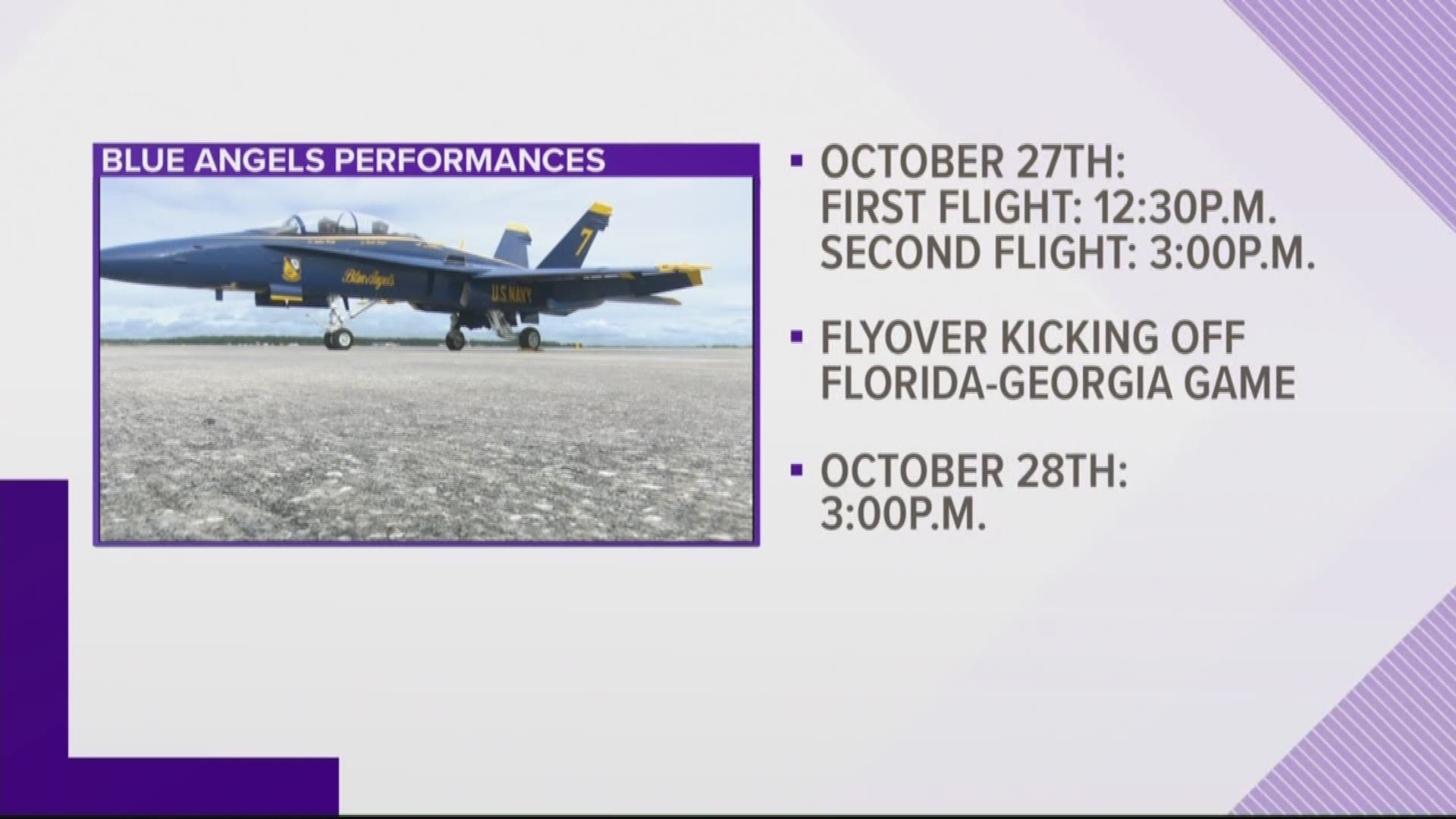 The Blue Angels will be headlining the event. They will fly Saturday at 12:30 p.m. and again at 3 p.m. after conducting a flyover to kickoff the Florida-Georgia game.