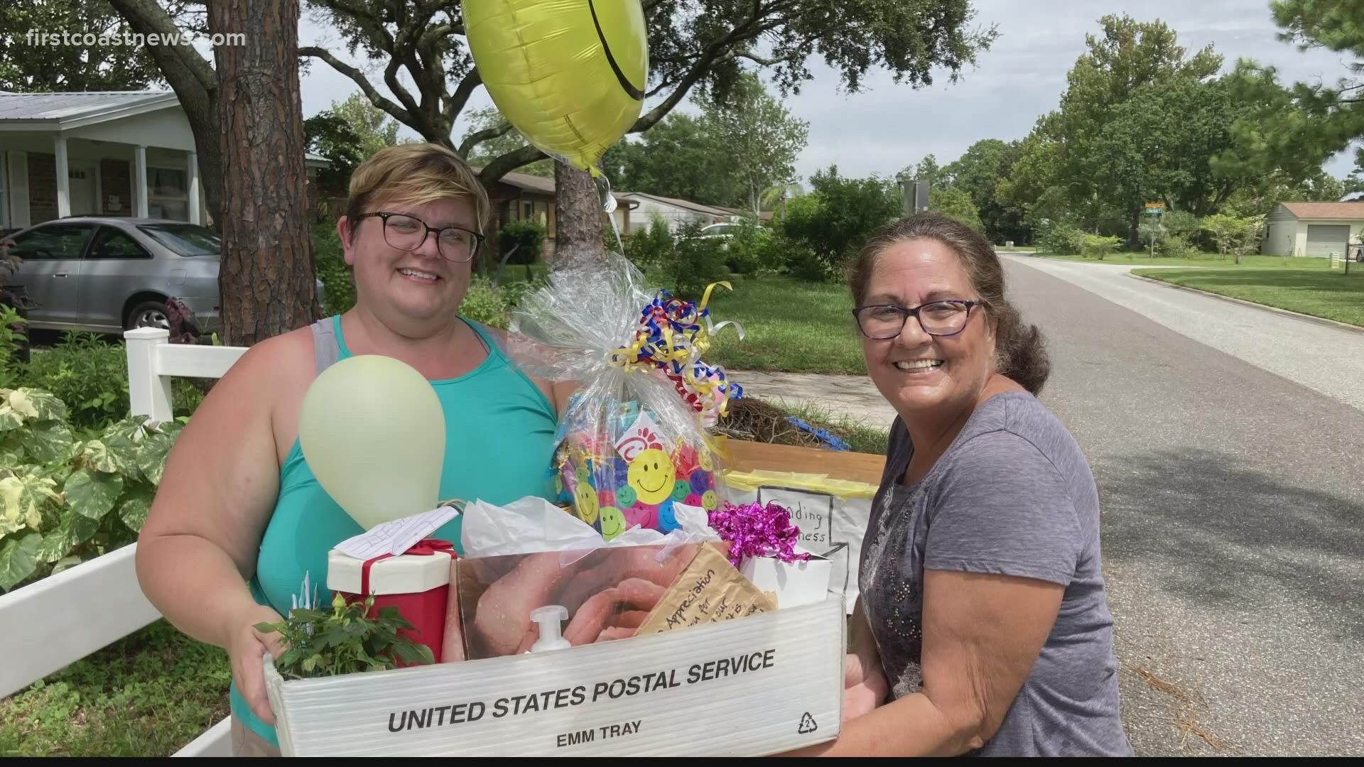 Neighbors left balloons and gifts for the mail carrier who brings the mail and smiles six days a week.