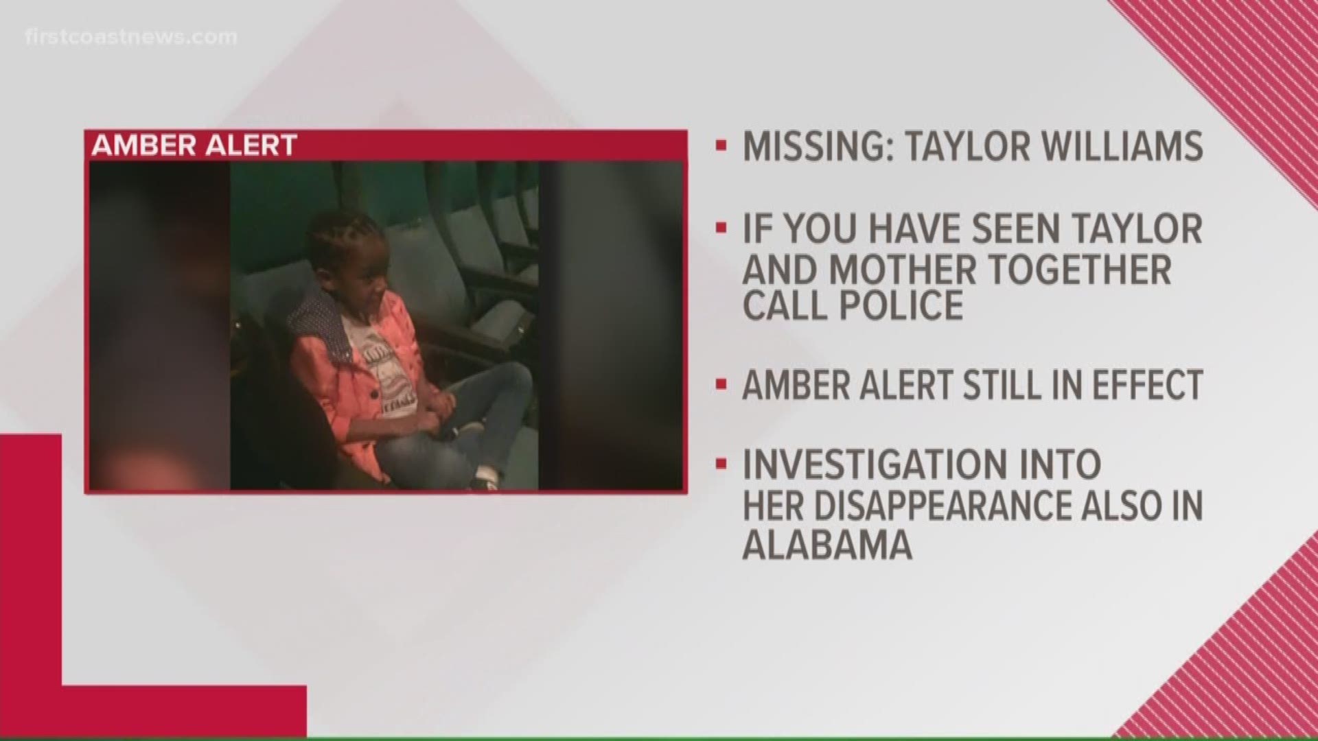 Taylor Williams, 5, was last seen in her home in the 600 block of Ivy Street early Wednesday morning wearing a purple shirt, pink pajama pants and no shoes.