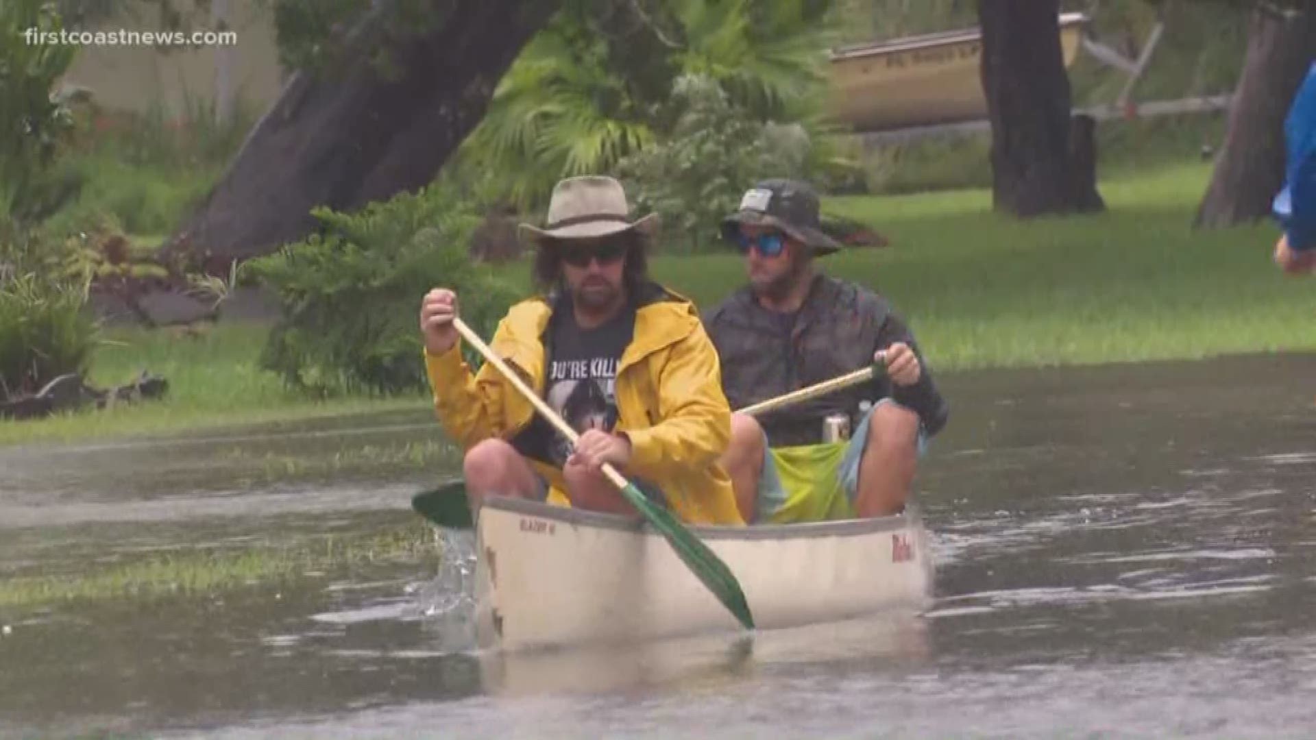 First Coast News' Jessica Clark caught up with these two street boaters Wednesday as Hurricane Dorian flooded Anastasia Island. "This is fun. This is our Olympics," one of the boaters said.