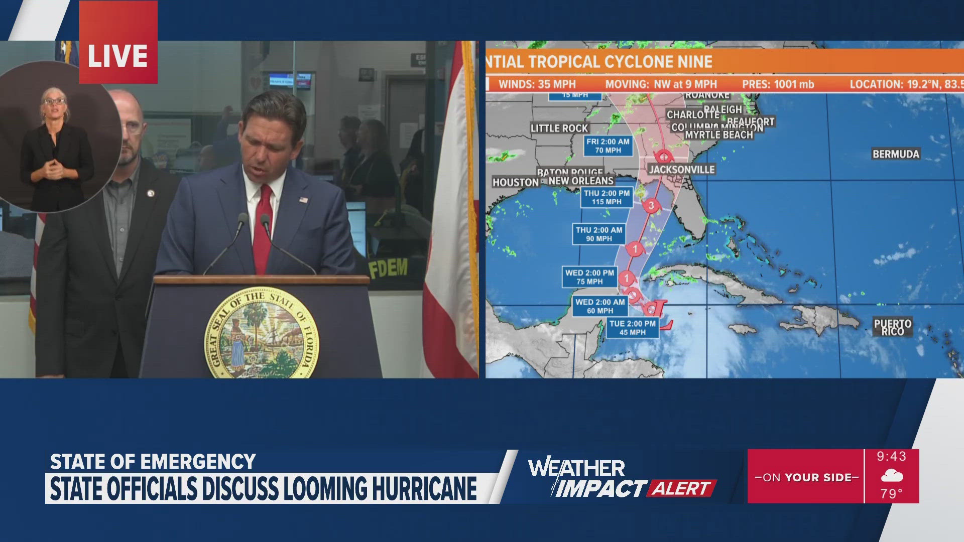 Ron DeSantis gives an update on the system in the Caribbean, which is forecast to make landfall around Florida's Big Bend area as a hurricane.