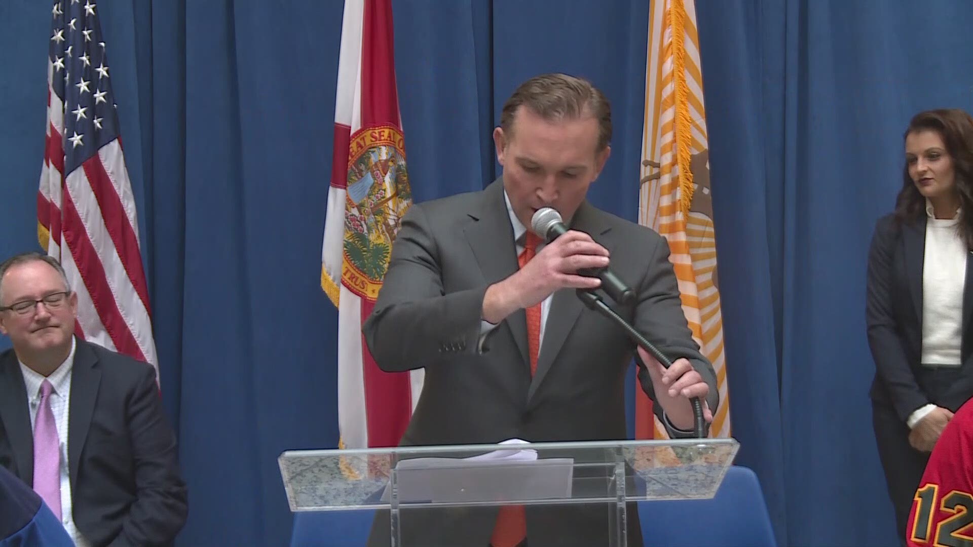 During a Guns N' Hoses Hockey Match announcement, Mayor Lenny Curry delivers a few remarks on the DUI crash that killed JSO employee Cathy Adams over the weekend.