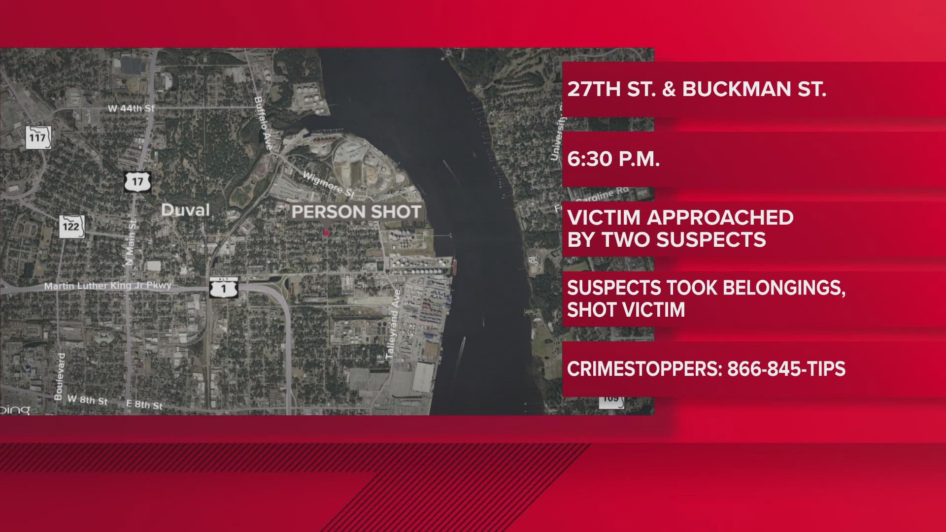 The Jacksonville Sheriff's Office says the man was walking near the intersection of Buckman Street and East 27th Street Wednesday night when he was robbed and shot.