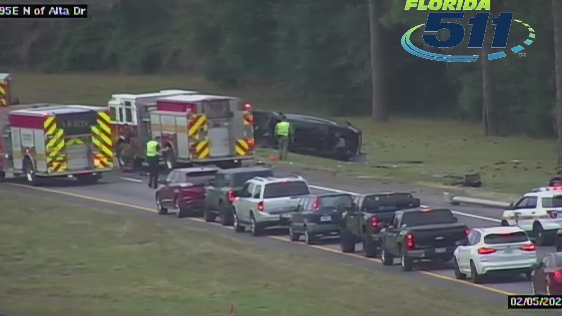 The car was overturned on I-295 Sunday. Police said the driver wasn't wearing a seatbelt.