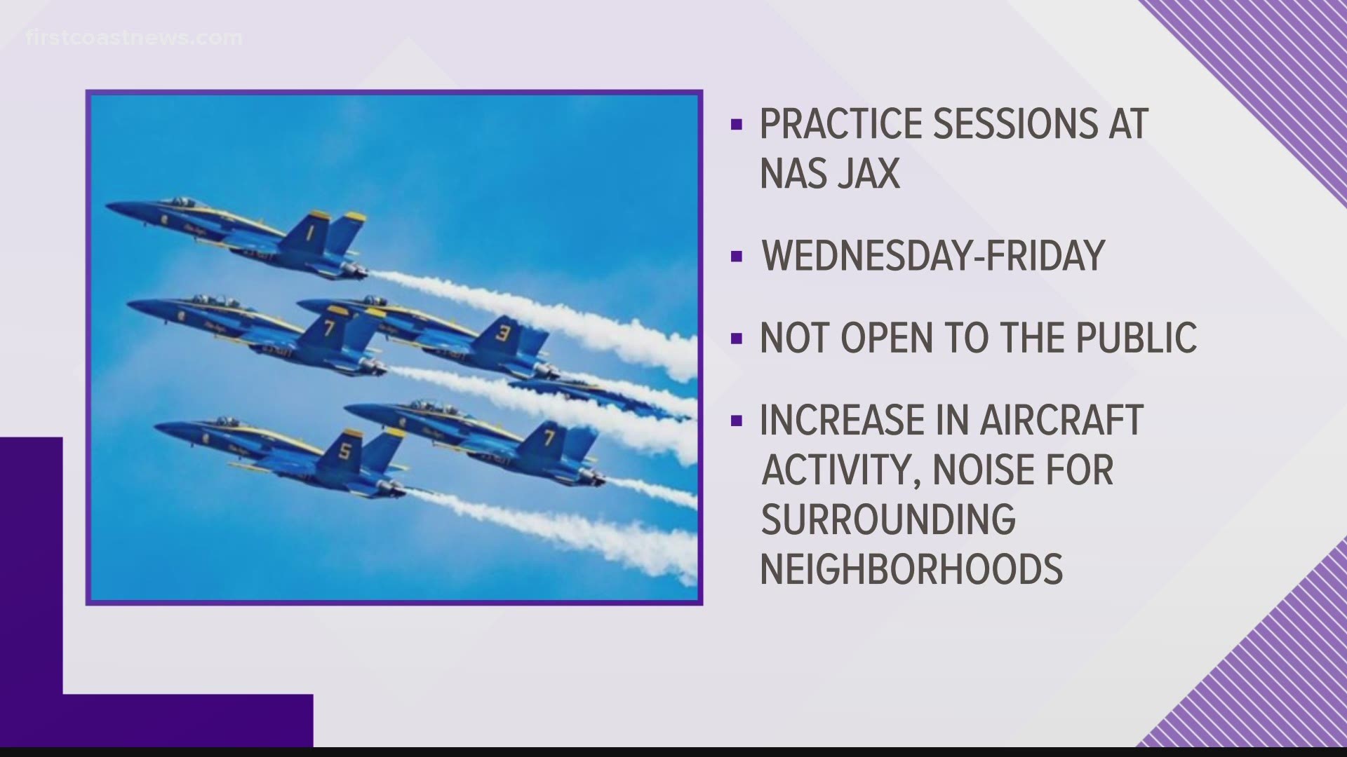 The practice sessions will take place beginning Wednesday and will continue through Friday. However, the base will not be open to the public for viewing.