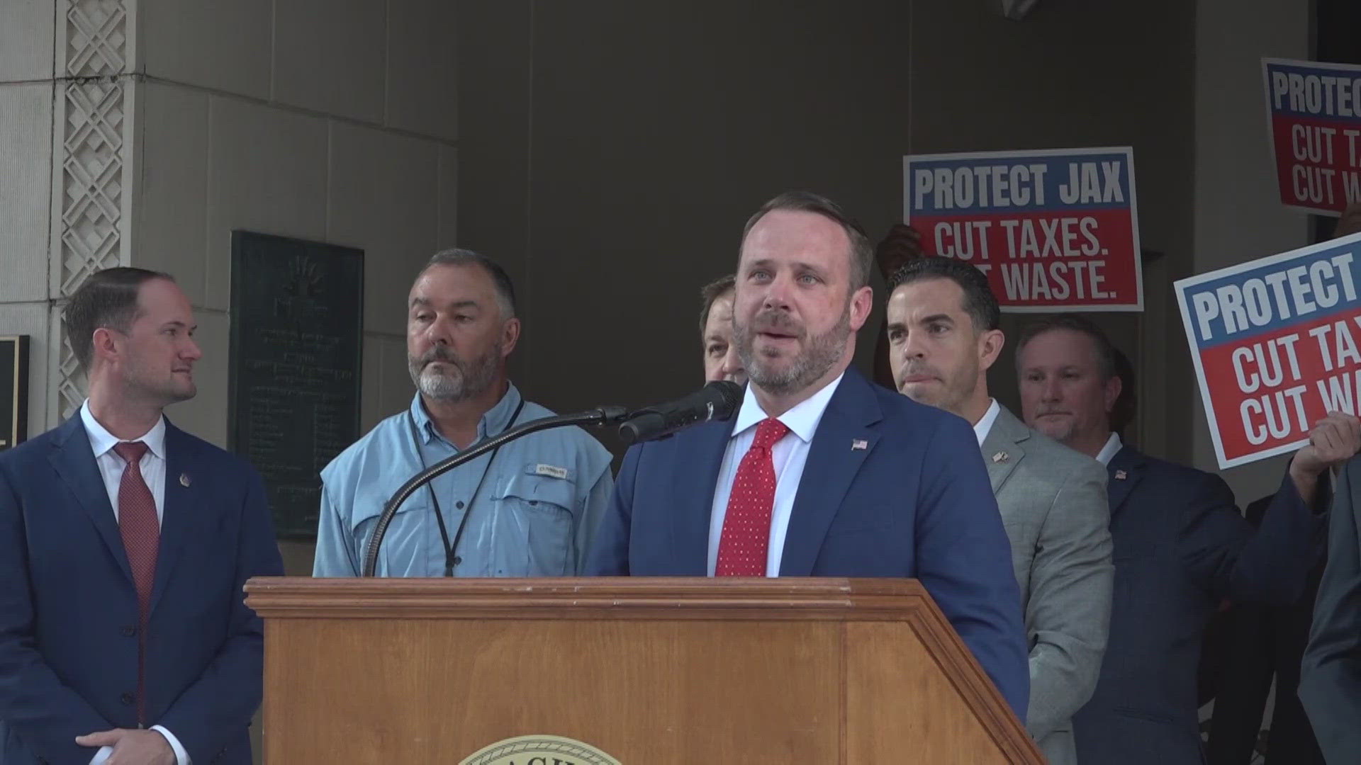 Jacksonville City Council President Kevin Carrico held a press conference Monday to tout cuts to spending.