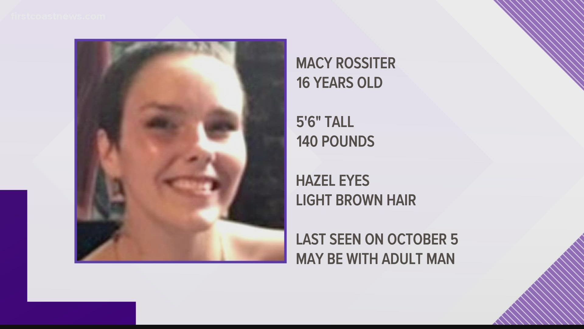 Macy Rossiter disappeared from Jacksonville on Oct. 5. Investigators say she was last seen leaving a family friend's house in Jacksonville on foot.