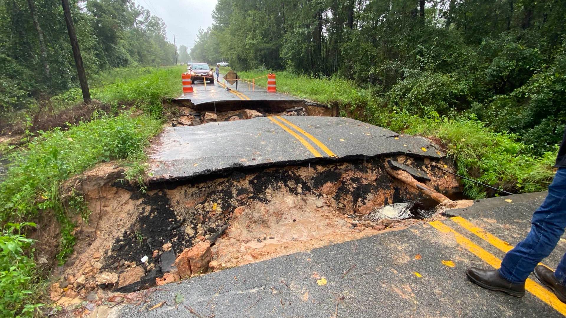 College Avenue, the only road in and out of the Blue Lake subdivision, was left crumbling as Debby swept through the area Tuesday.