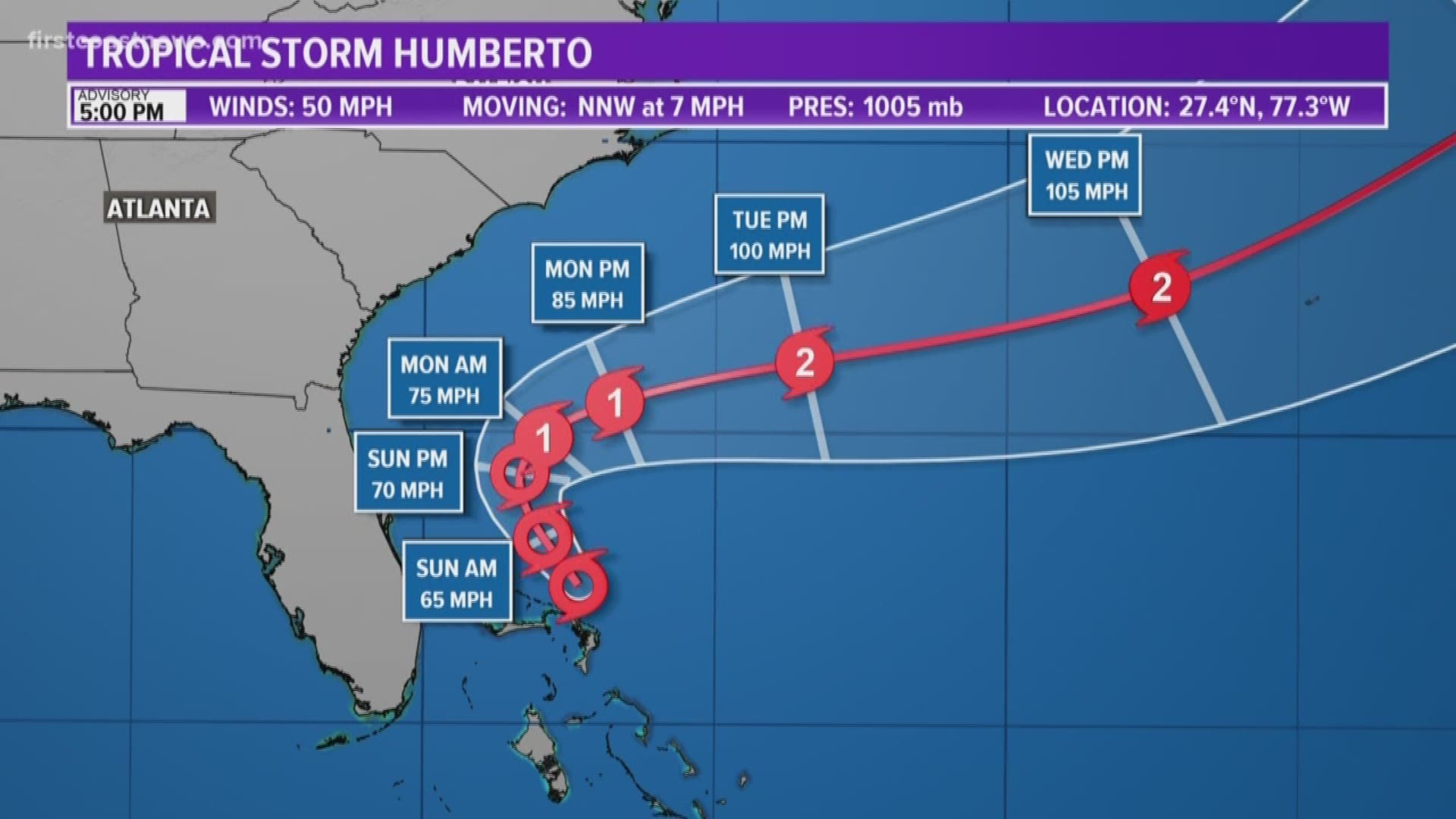 5 P.M. ADVISORY -- Humberto is forecast to become a hurricane by Sunday night or early Monday as it's curving out to sea, away from the First Coast.