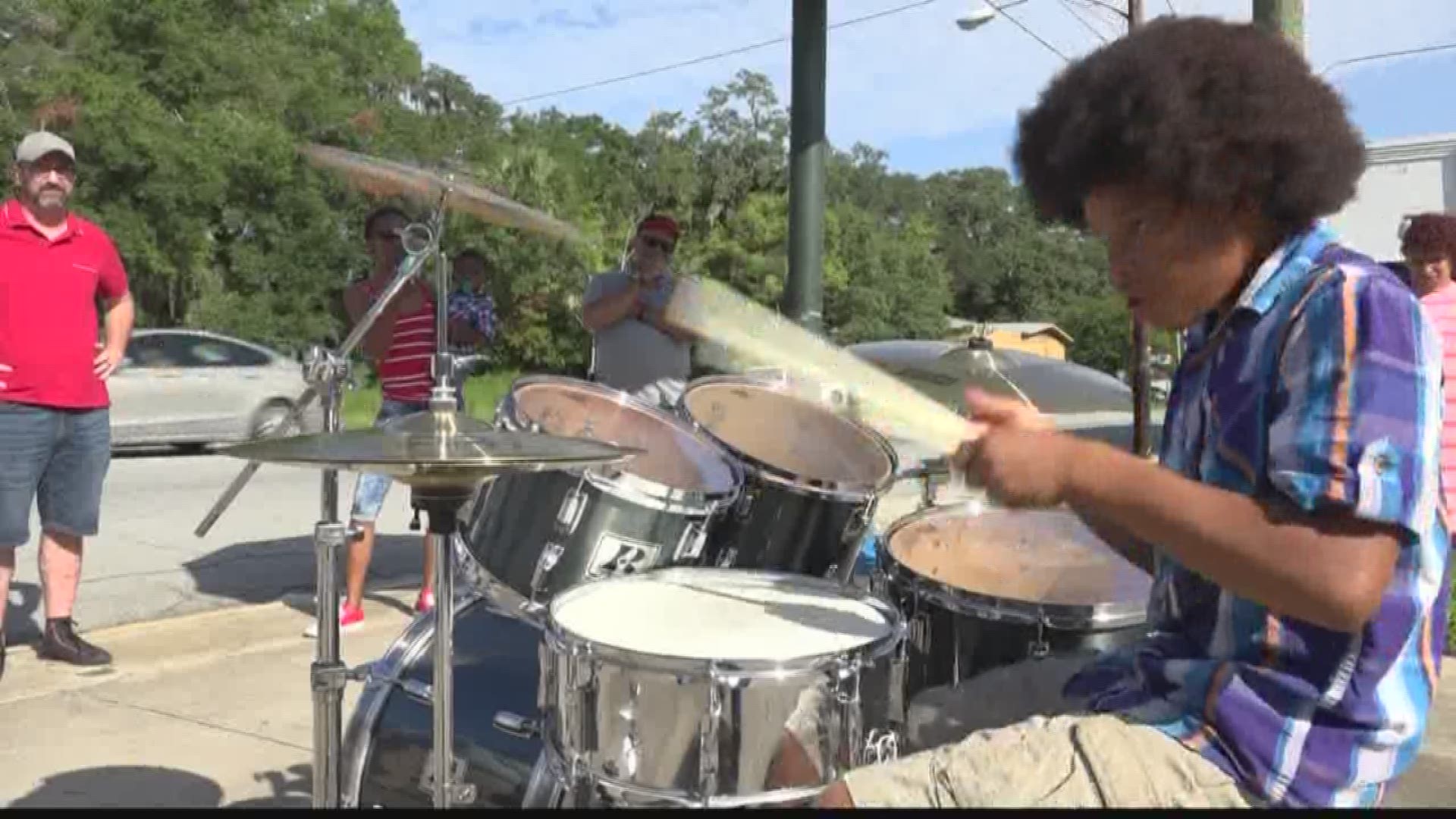 A Brunswick teen who played a set of buckets like drums now has a drum set of his own, thanks to the generosity of strangers and new friends.