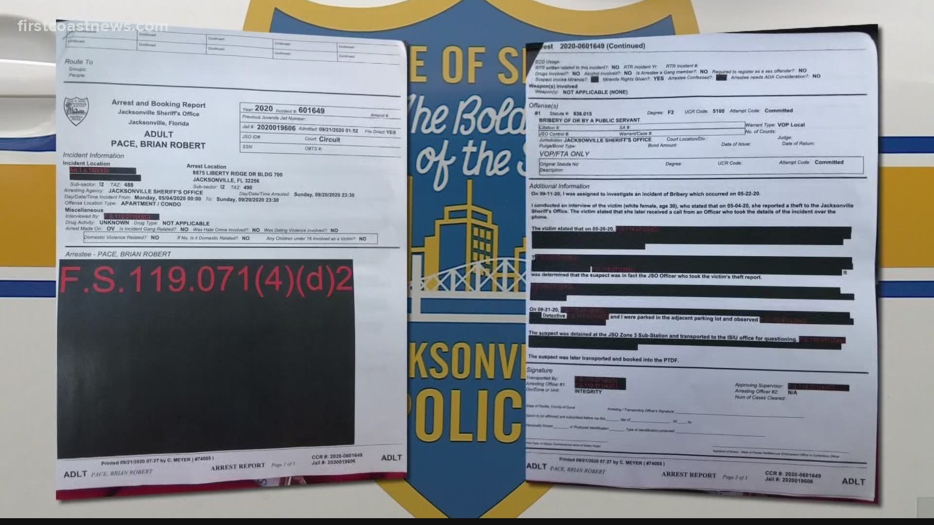 Former Jacksonville Sheriff's Officer Brian R. Pace resigned after he was arrested Monday, according to JSO. He's accused of trying to bribe a woman.