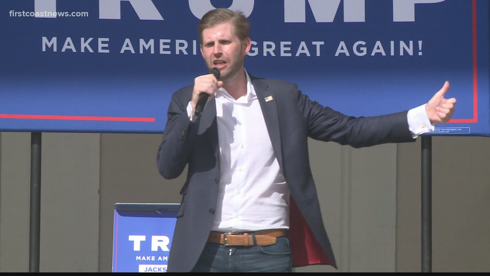"This is the greatest country in the world, and that's why my father fights," Eric Trump said to a crowd of supporters.